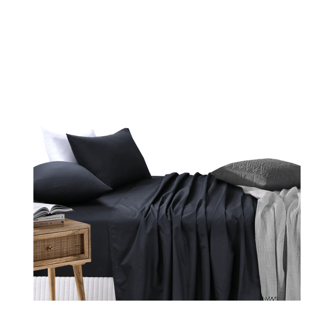 1 Amsons 180TC Cotton/Polyester Bed Sheet Set - Black, Fitted 40cm + Flat &amp; Pillowcases - Black, 1 of 7