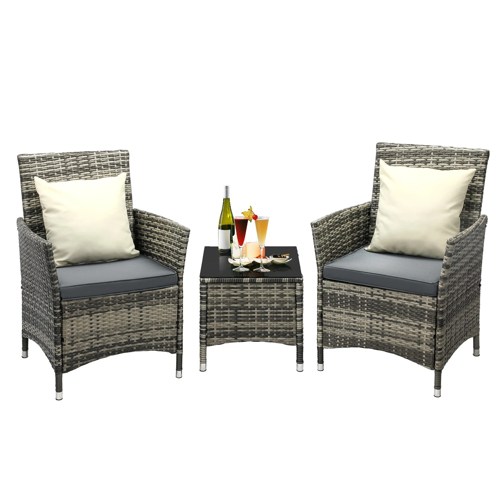 4 Livsip Outdoor Furniture Setting 3 Piece Wicker Bistro Set Patio Chairs Table
 - Grey, 4 of 10