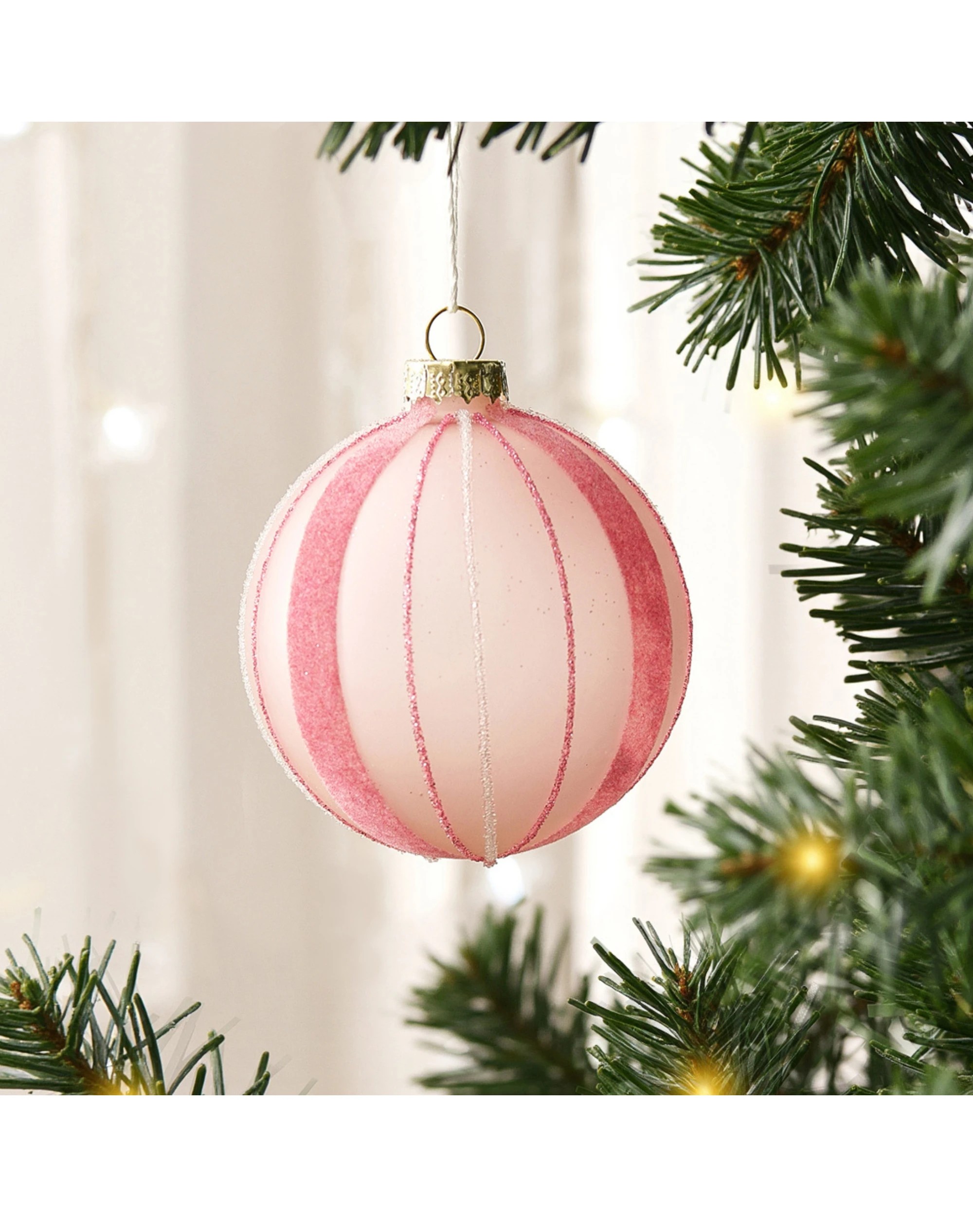 4 Sherwood Christmas Glitter Stripe Frosted Glass Mixed Shape Baubles (6 Pack) - Blush, 4 of 5