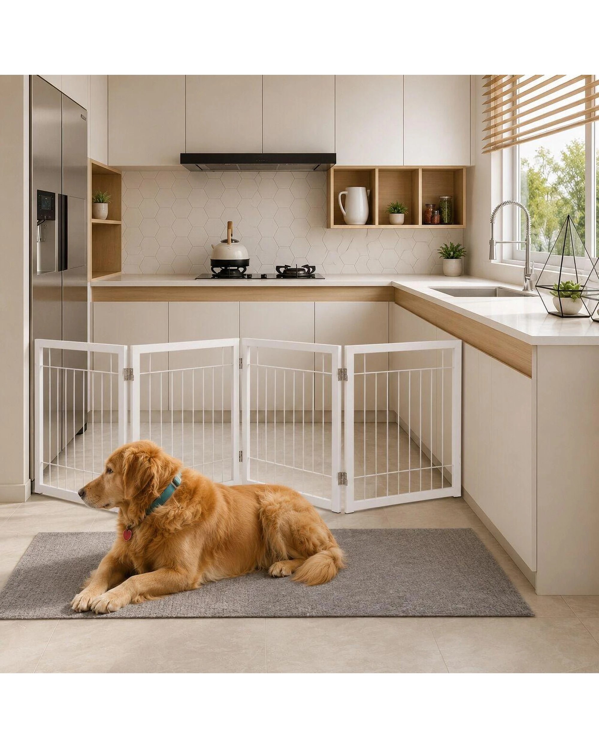 8 HelloFurniture Freestanding Metal Pet Gate 4 Panel Foldable Fence White - White - Pet Gate - Iron, 8 of 10