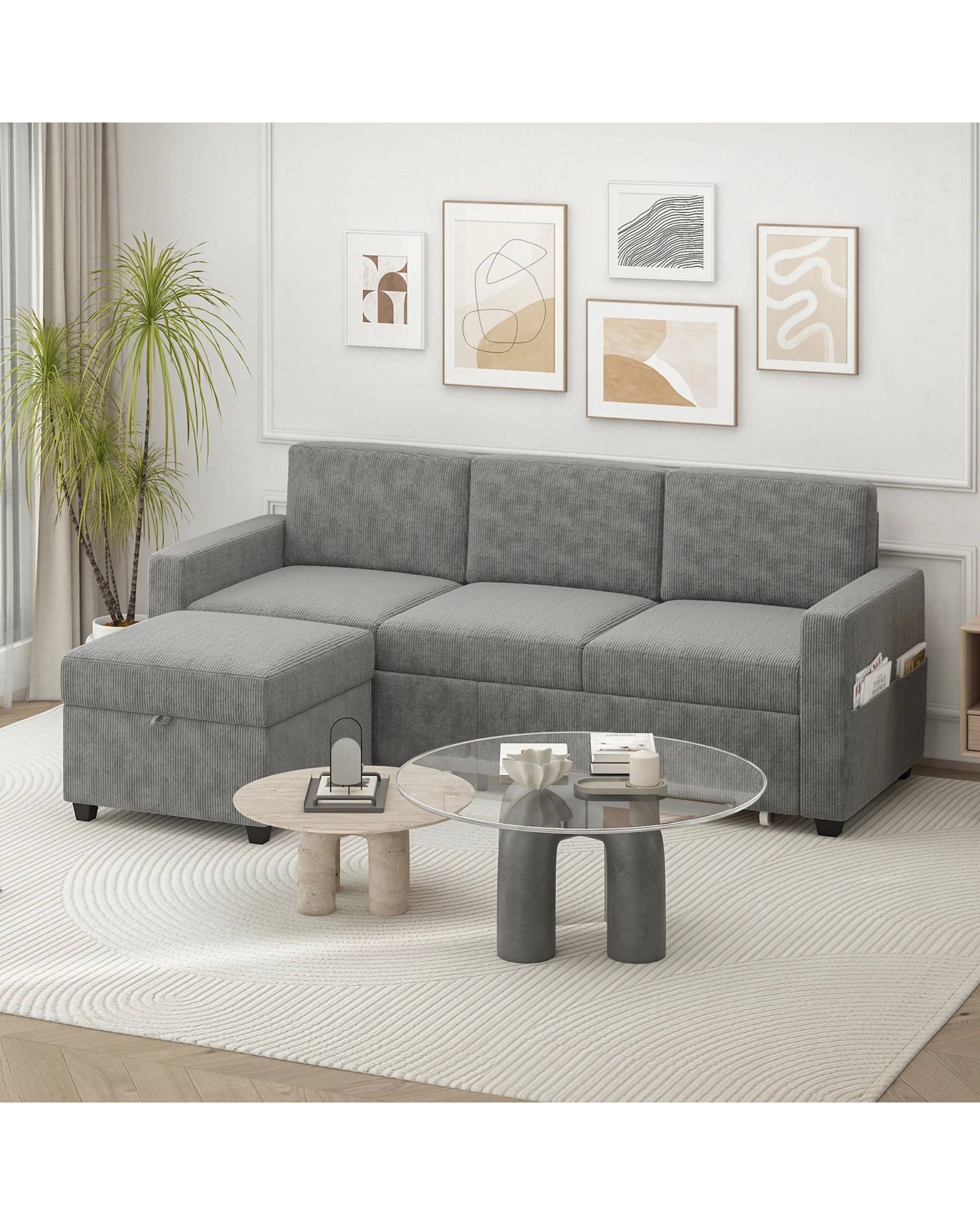1 Advwin 3 Seater Sofa 197cm Corduroy Modular Corner Couch W/ Storage Ottoman & Drawers Lounge Chaise Grey, 1 of 4