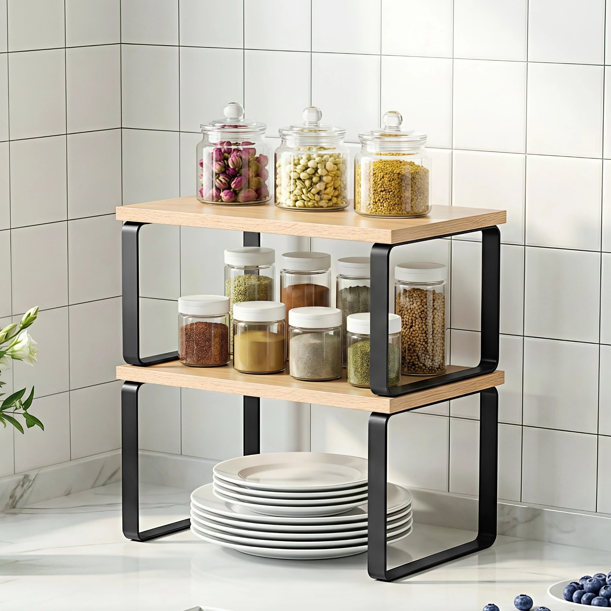 9 Cefito Kitchen Storage Shelves Rack Cupboard Cabinet Organiser Set of 2 - Natural, 9 of 9
