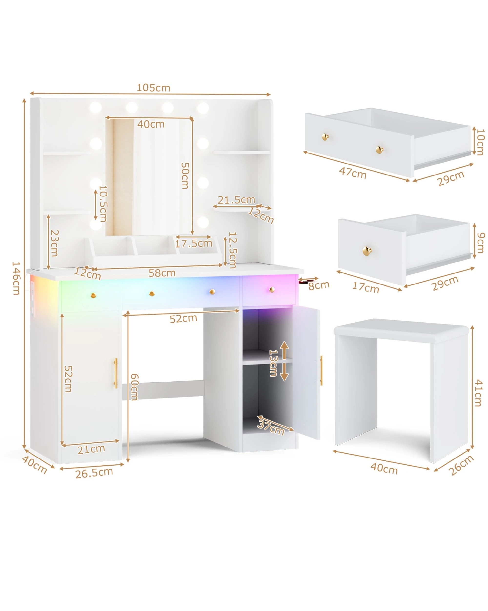 4 Advwin Dressing Table with Mirror and Lights Makeup Vanity Desk Set with Charging Station - White, 4 of 10