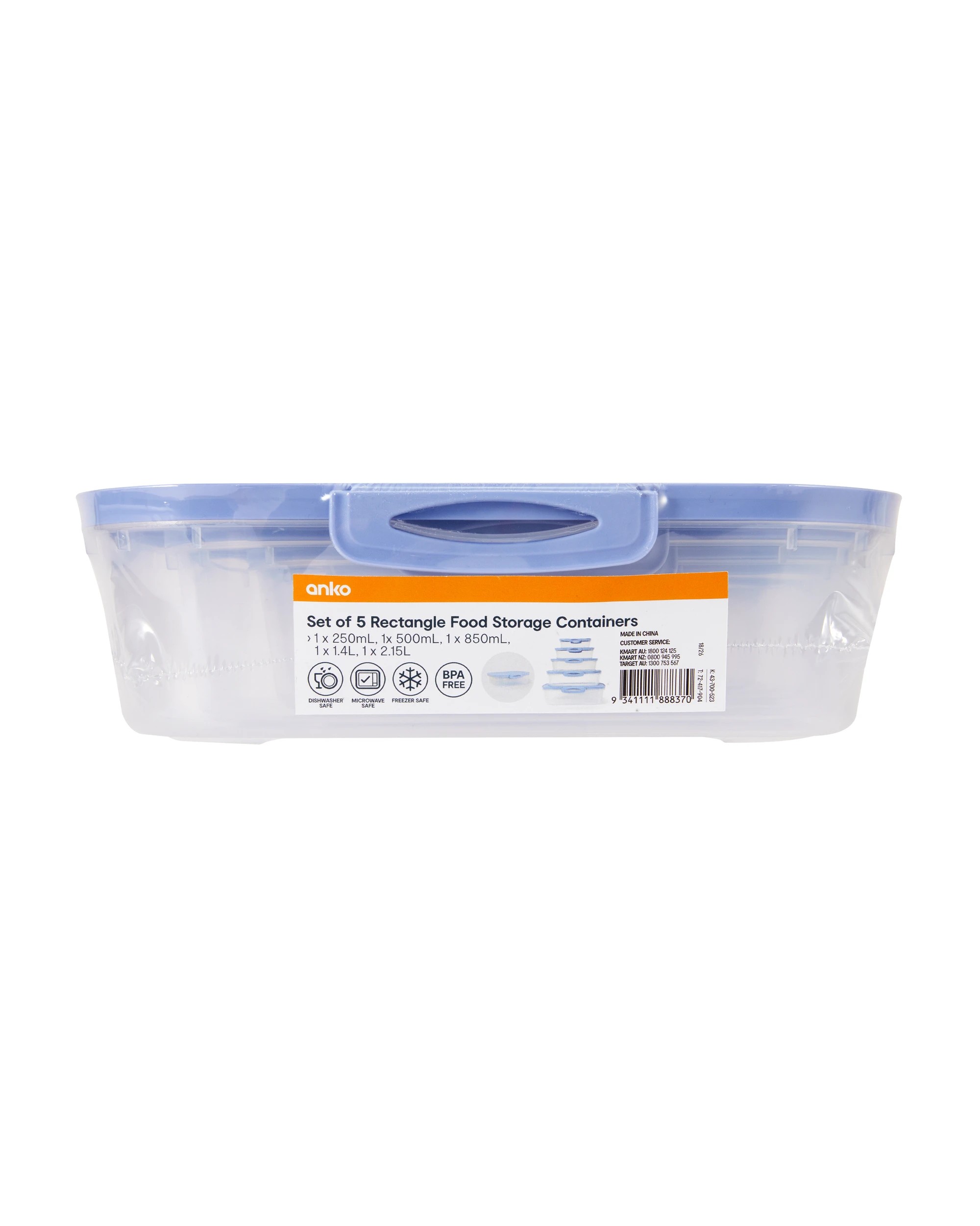 5 Set of 5 Rectangle Food Storage Containers - Blue, 5 of 5