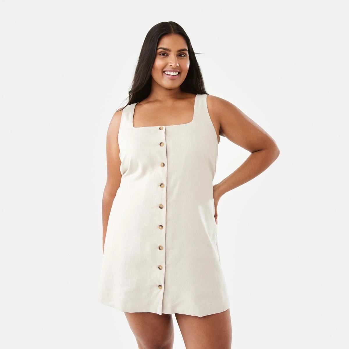 3 Sleeveless Linen Blend Button Mini Dress Grey Beige, 3 of 10