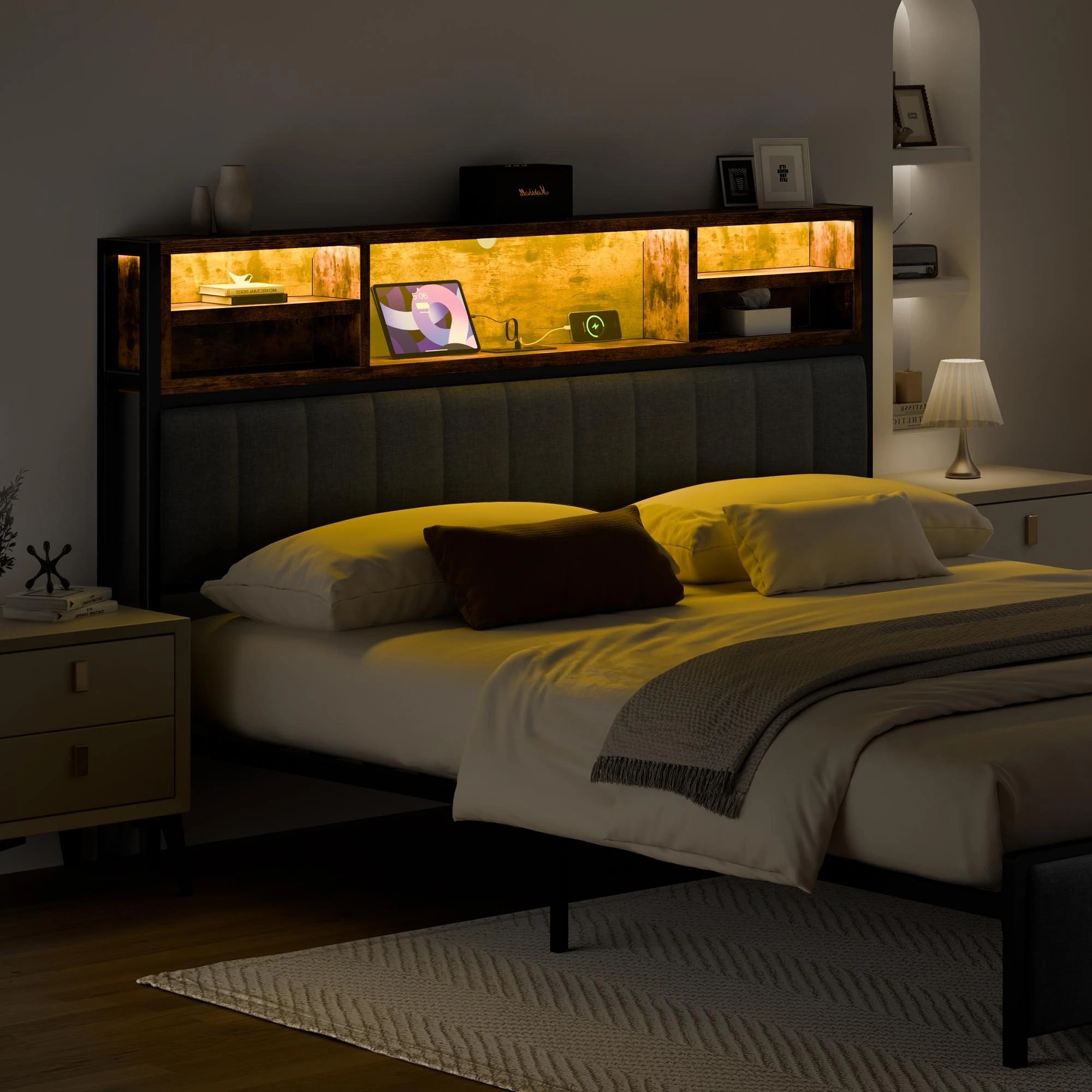 6 Alfordson Bed Frame Queen LED Charging Station Linen - Grey, 6 of 10
