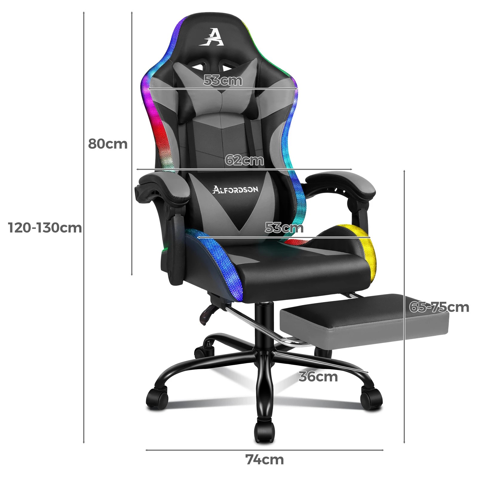 3 Alfordson Gaming Chair Office Massage 12 RGB LED Computer Seat PU Leather - Grey, 3 of 10