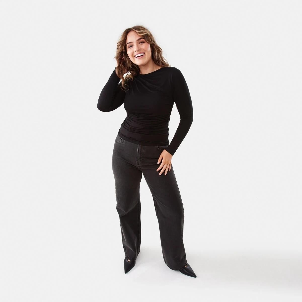 2 Long Sleeve Ruched Shoulder Top Black, 2 of 7