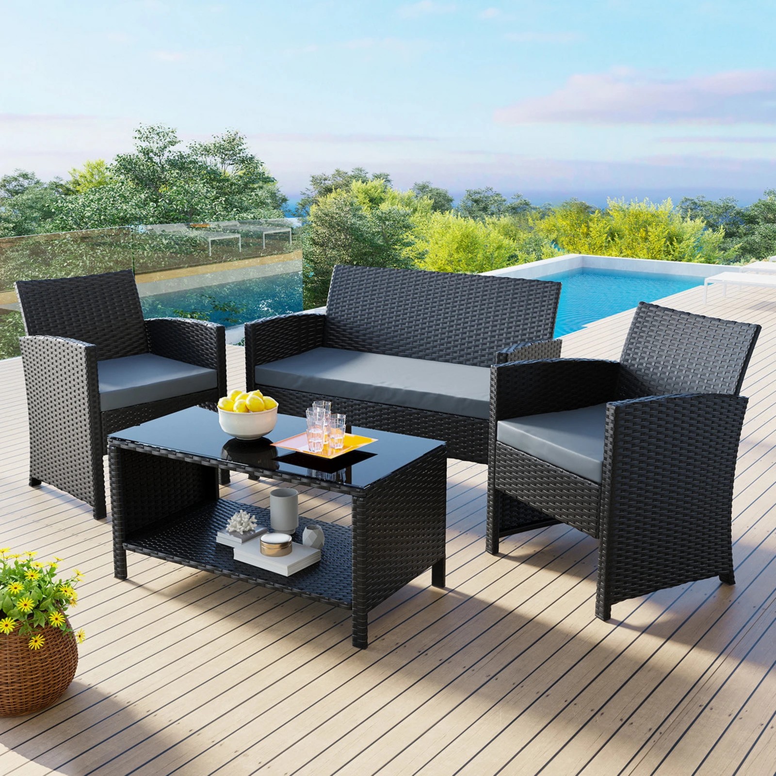 9 Alfordson Outdoor Furniture 4PCS Garden Patio Chairs Table Set Wicker - Black, 9 of 10