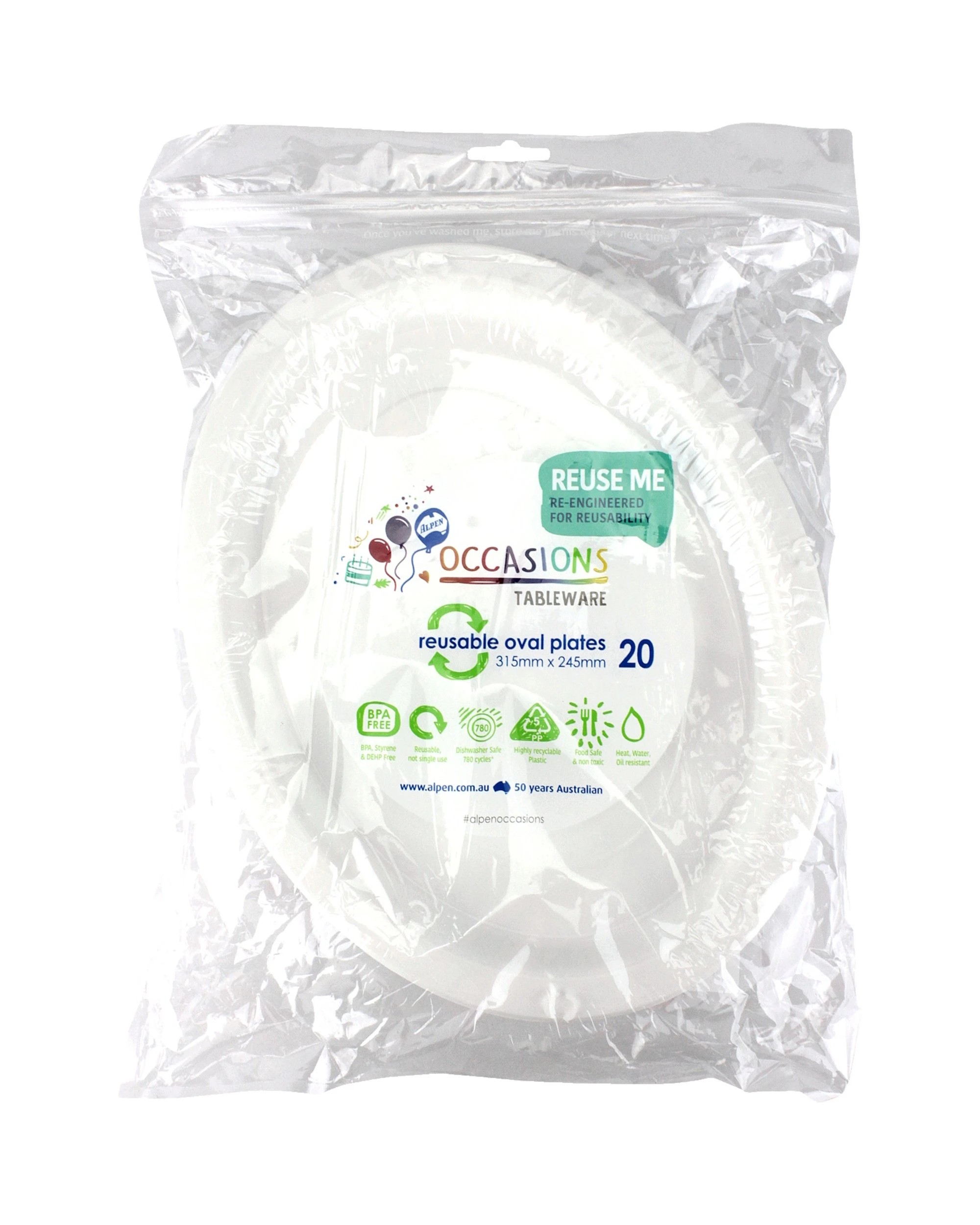 2 Alpen Reusable Oval Plates 31.5cm Pack of 20 - White - White, 2 of 3