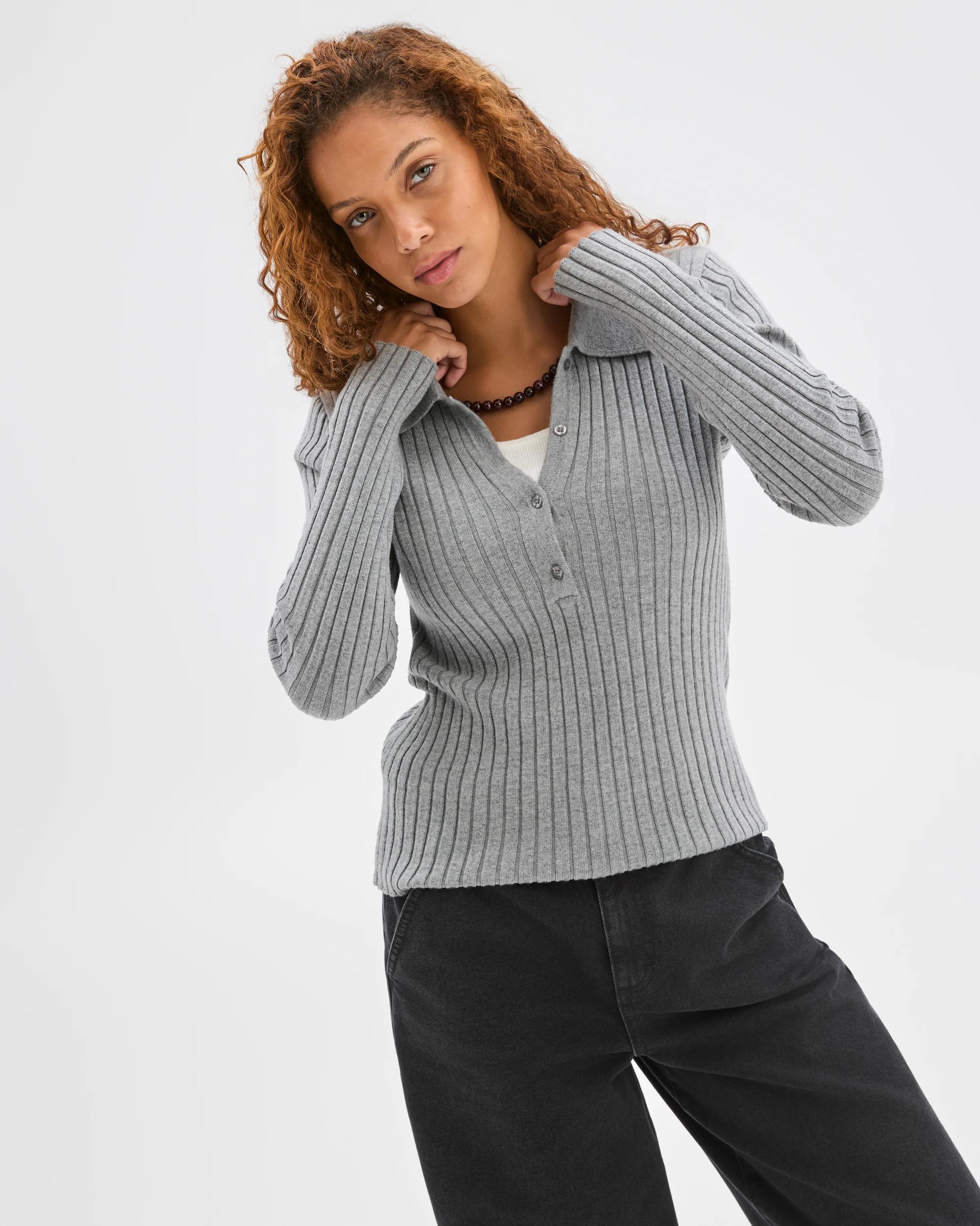 2 Target Woman Fine Knit Double Layer Polo Jumper MID GREY MARLE, 2 of 6