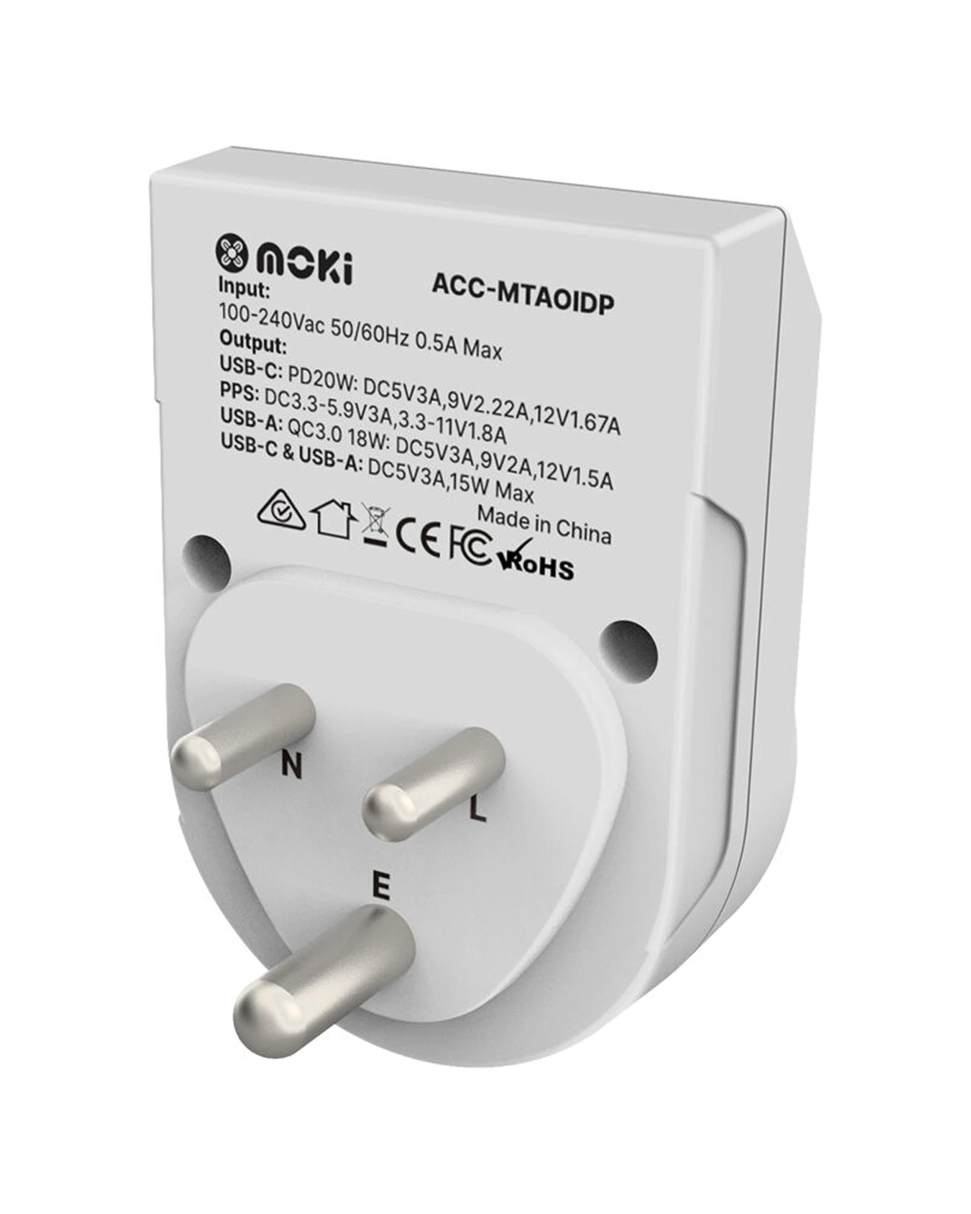 3 Moki 2PK Travel Adaptor Plus Outbound AU NZ To India Type C USB A - White, 3 of 4