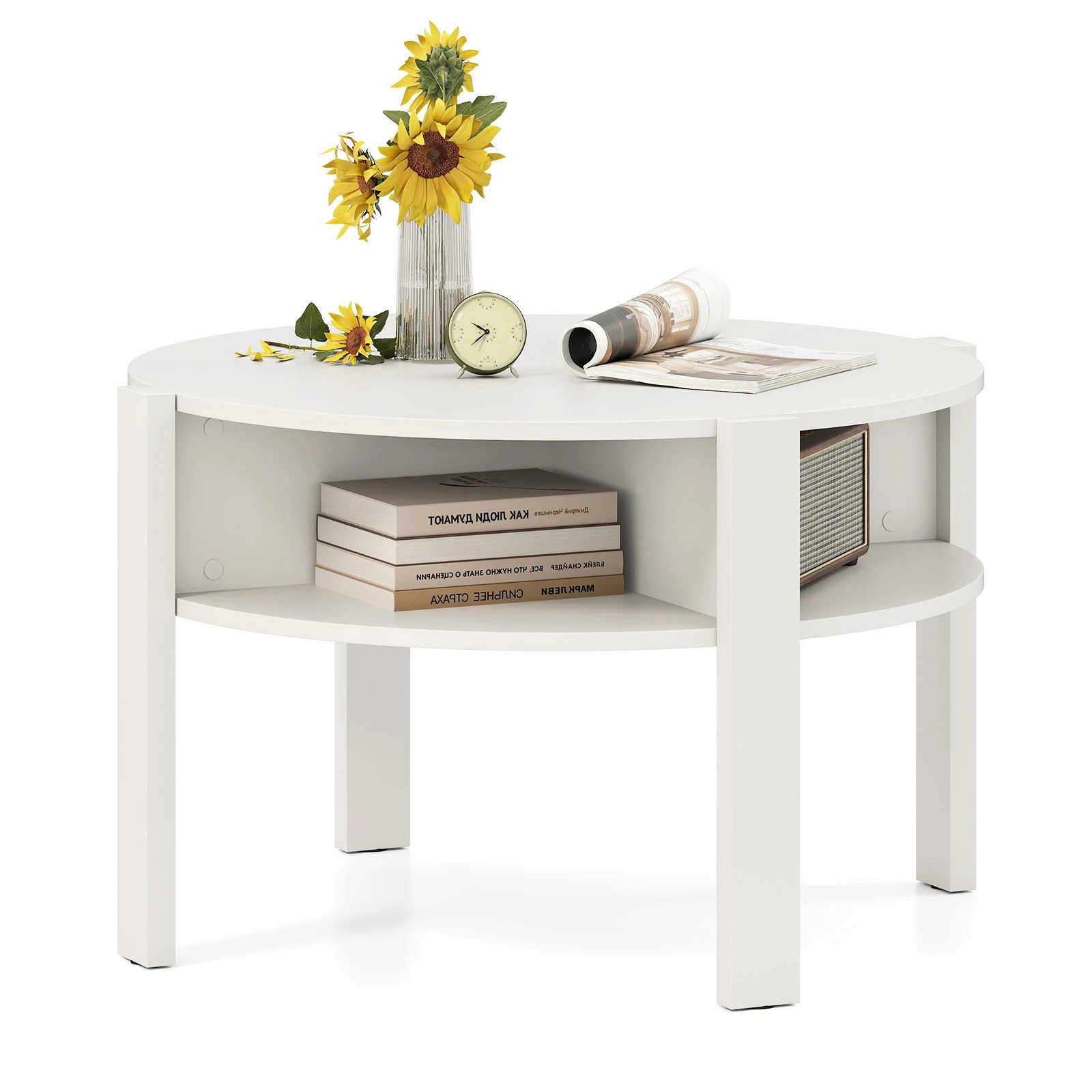 7 Costway 2-Tier Round Coffee Table w/Faux Wooden Top Tea Cocktail Table - White, 7 of 7