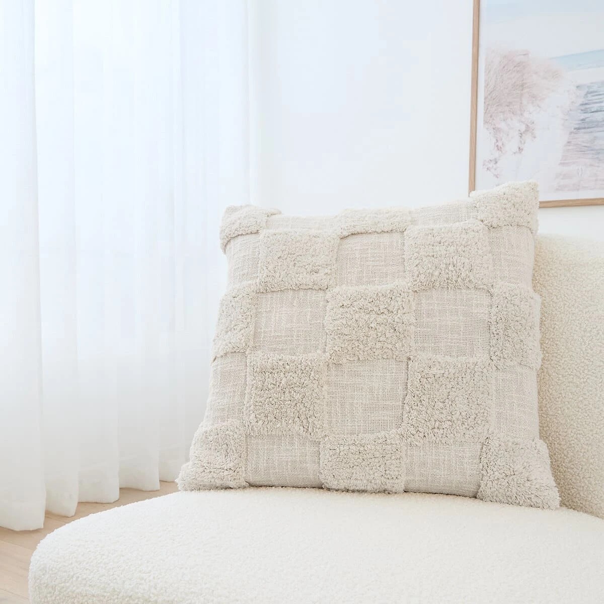 1 50cm Check Cotton Cushion Cover - Beige, 1 of 9