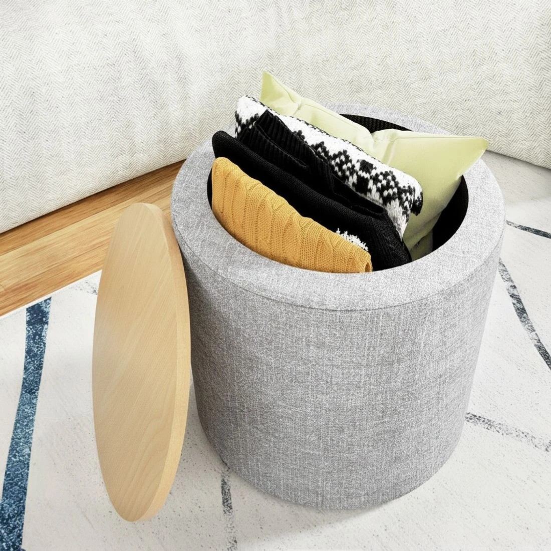 4 Artiss Storage Ottoman Blanket Box 40cm Linen Round - Multi, 4 of 6