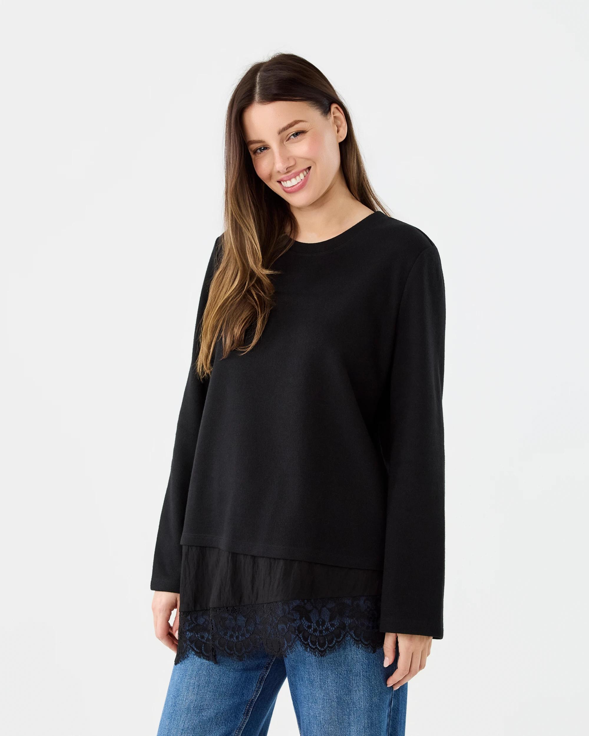 2 Long Sleeve Brushed Lace Trim Top Black, 2 of 7
