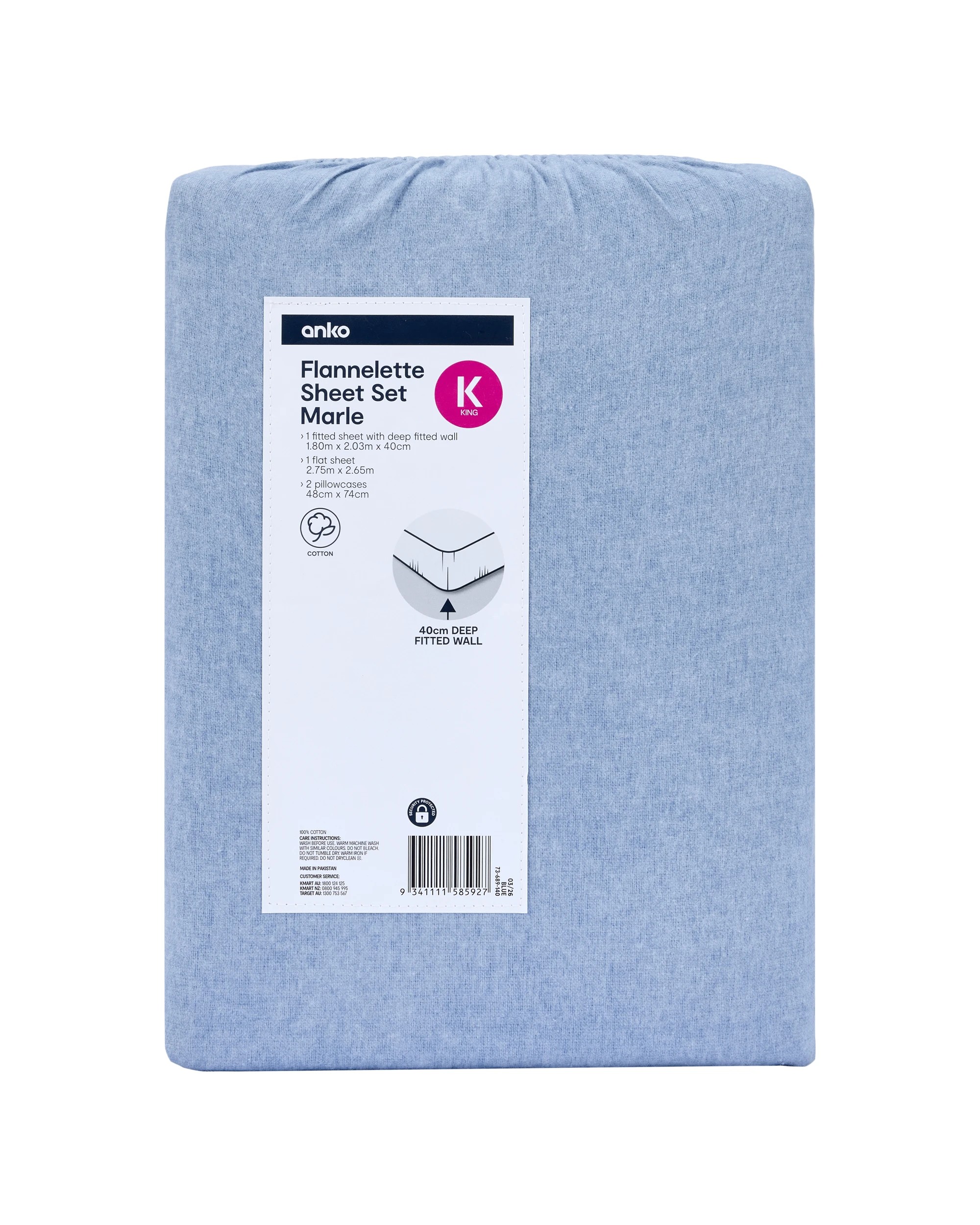 7 Marle Cotton Flannelette Sheet Set - King Bed, Blue, 7 of 7