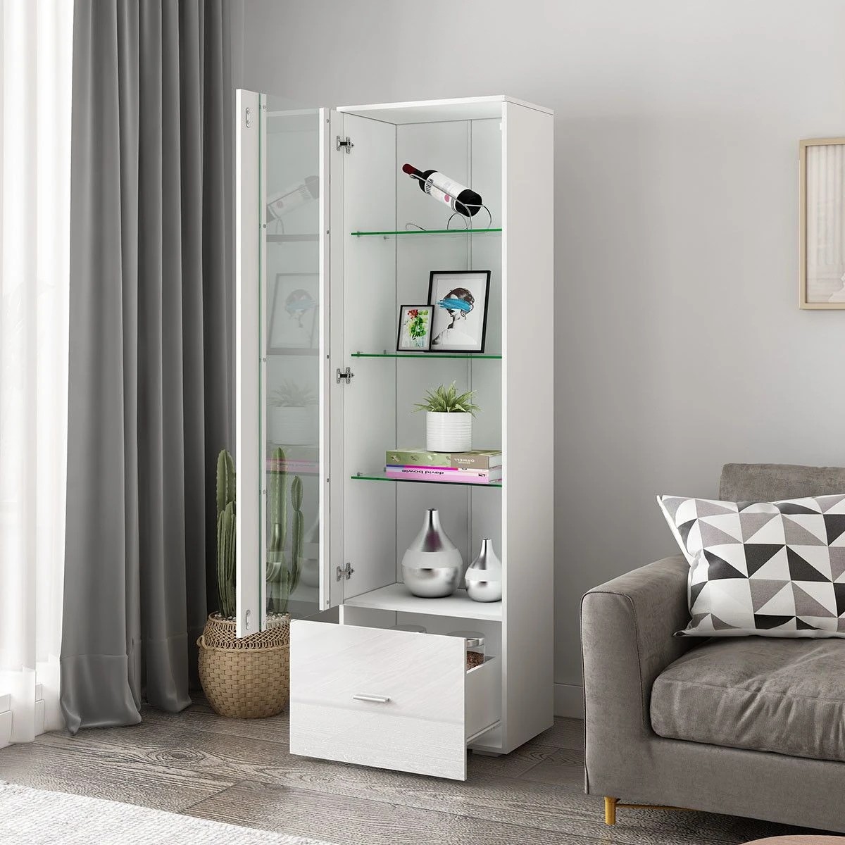 4 AUSWAY 190cm Wood Tall Side Cabinet with Thick Glass Shelves 1 Drawer High Gloss Front White, 4 of 7
