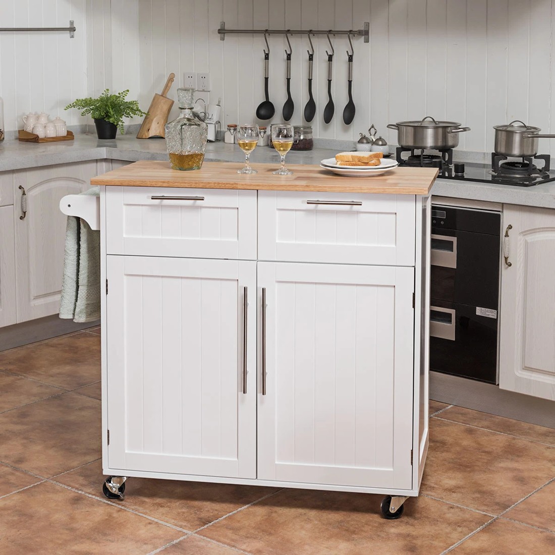 3 Costway Kitchen Island Trolley Rubber Wood Top White, 3 of 5