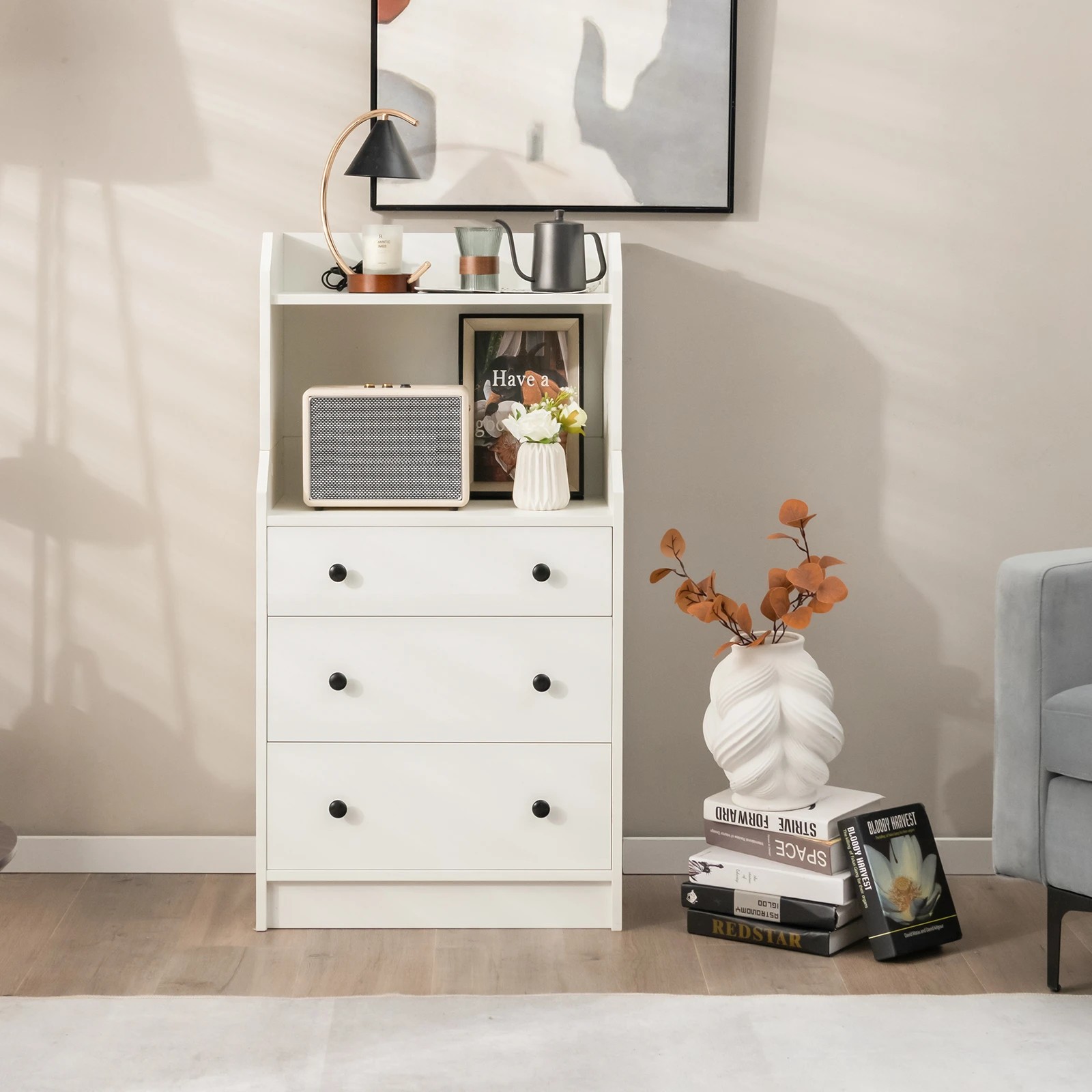 2 Costway 111cm Chest of Drawers H Shape Storage Organizer Utility Storage Cabinet w/2 Open Shelves - White, 2 of 6