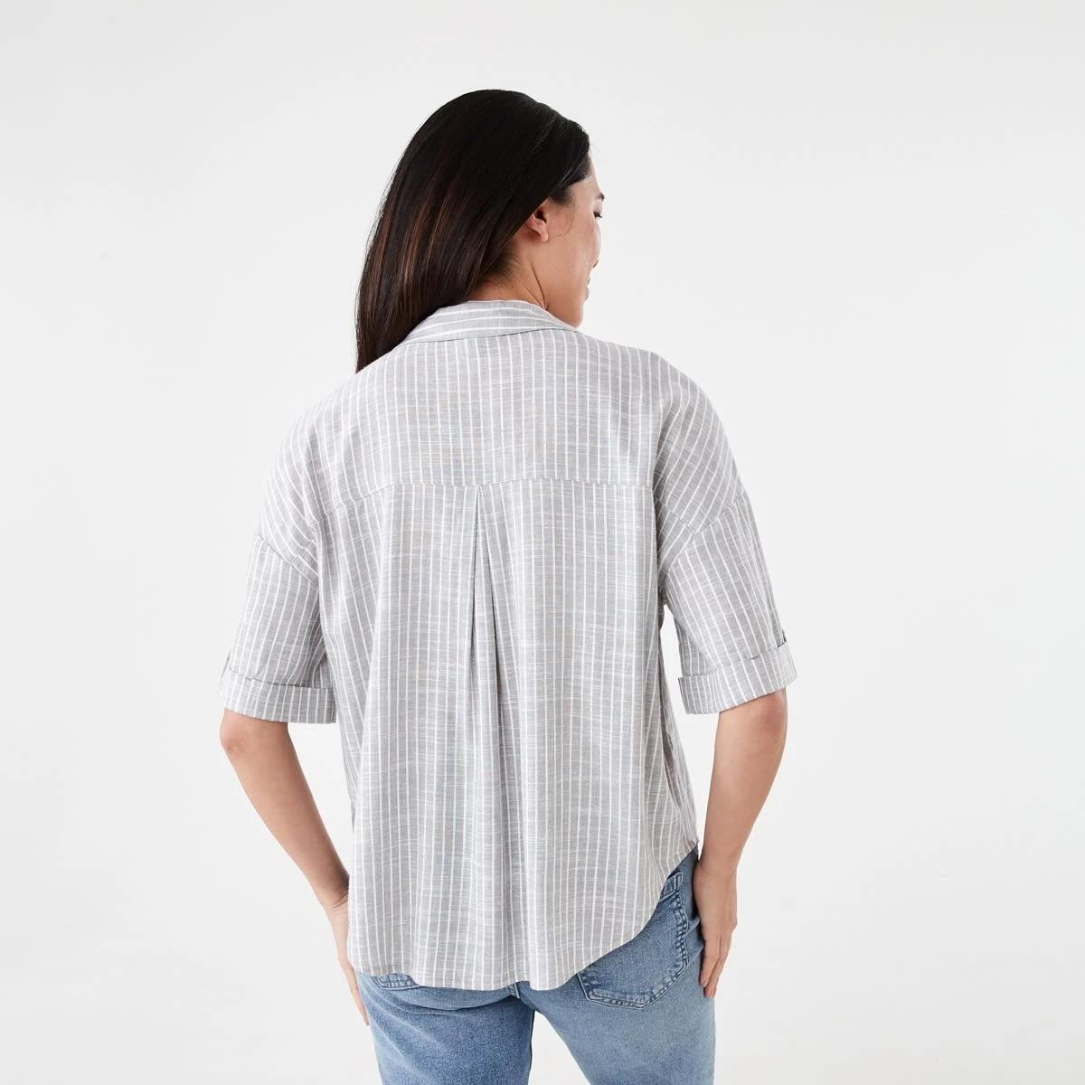 3 Short Sleeve Roll Sleeve Tab Shirt OLIVIA STRIPE LIGHT KHAKI, 3 of 6