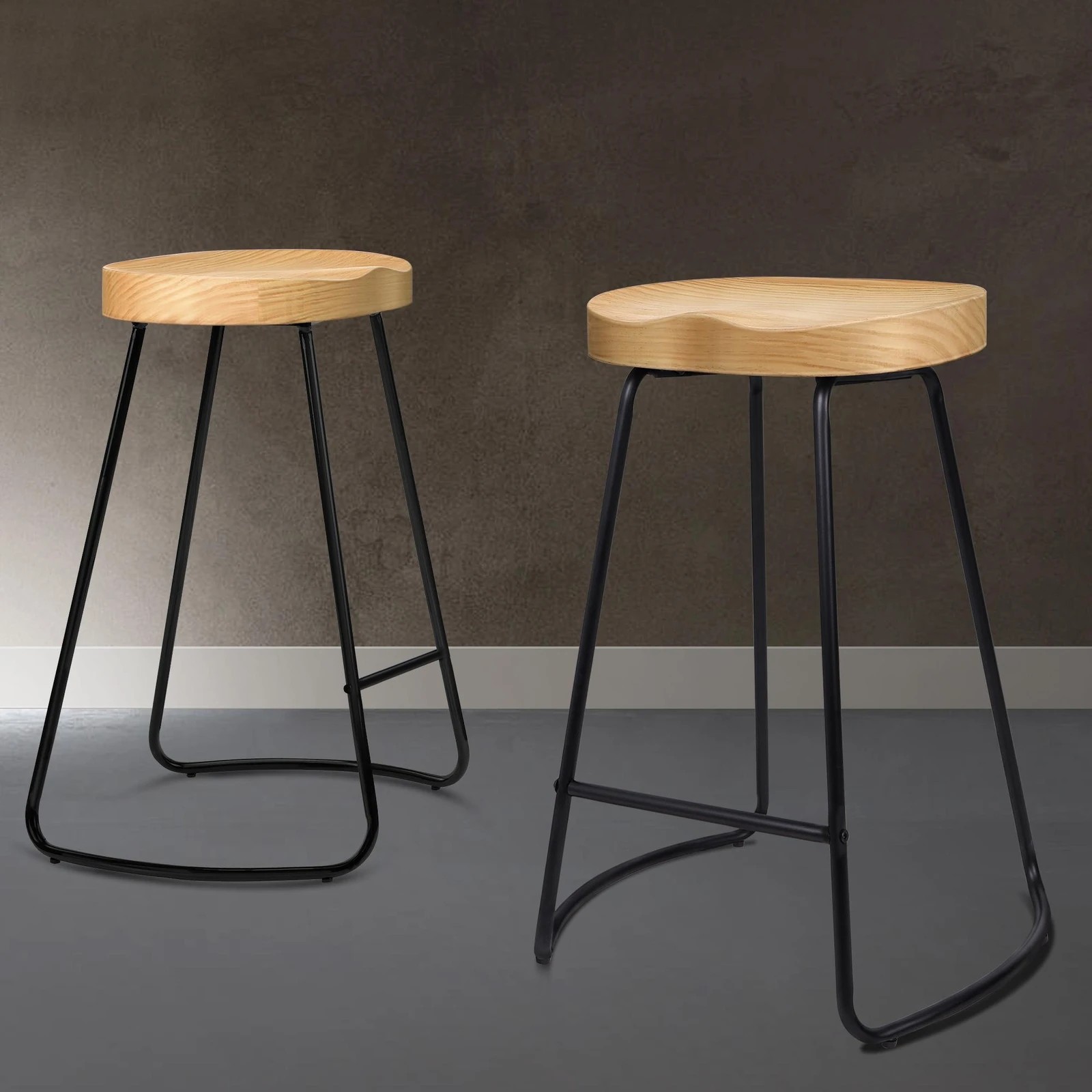 2 Alfordson 2x Bar Stools 65cm Tractor Kitchen Wooden Vintage Chair - Natural, 2 of 10