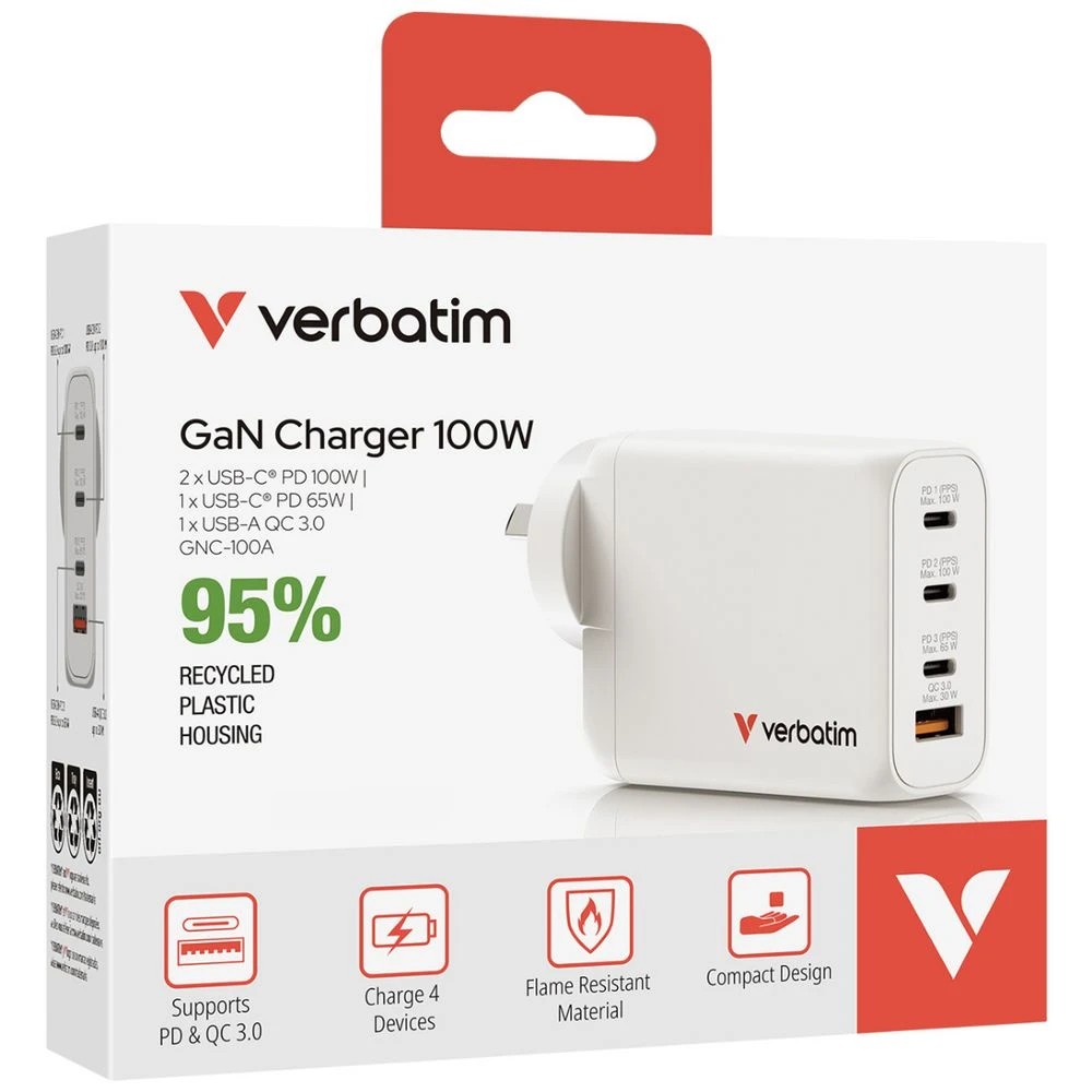 6 Verbatim GaN Wall Charger 3 x USB-C 1 x USB-A 100W White, 6 of 6