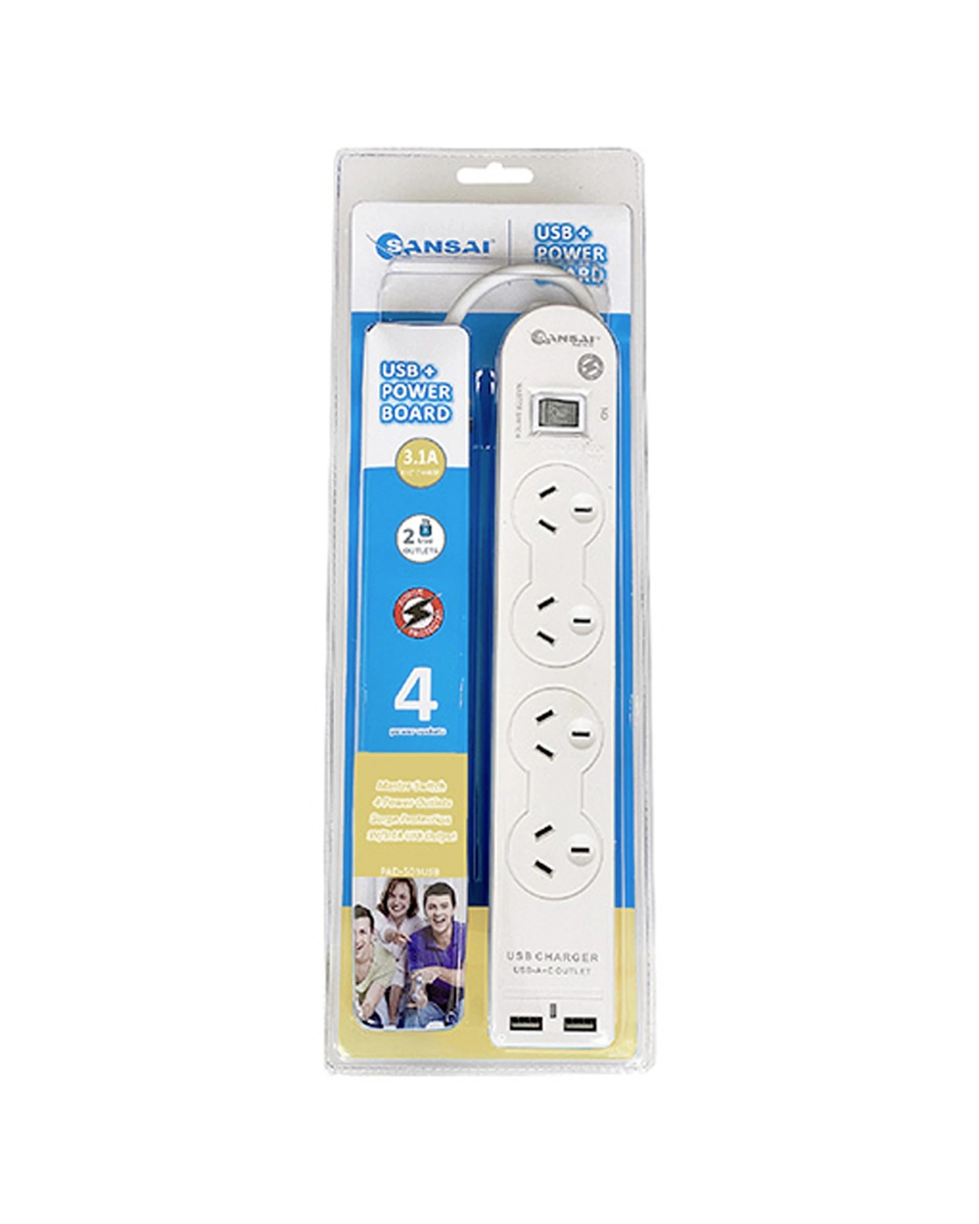 1 Sansai 4 Socket USB Powerboard Power Plug Adaptor With USB-A Ports - White, 1 of 3