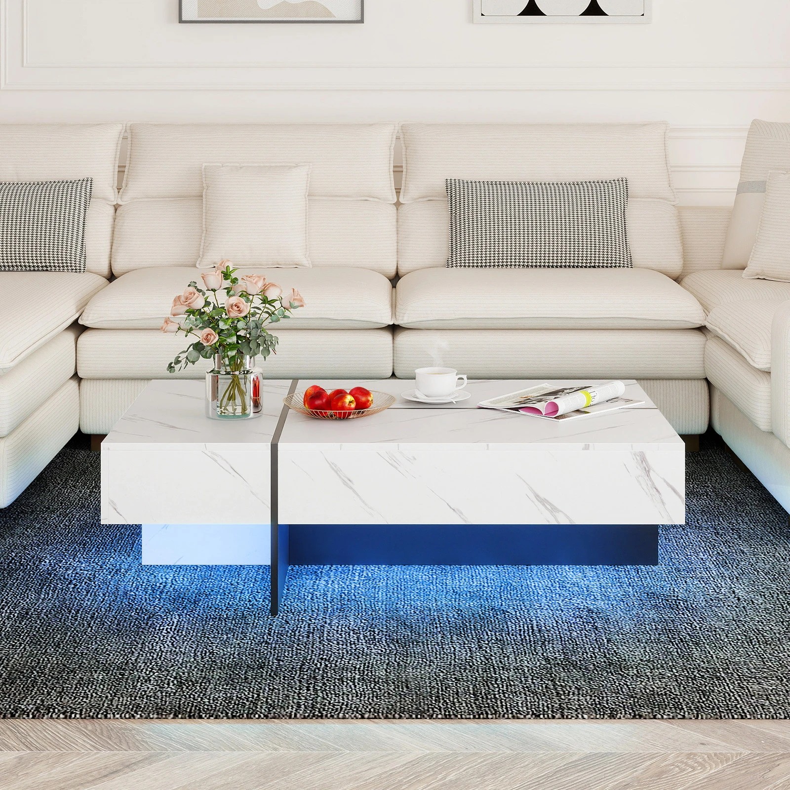 5 Costway Modern Coffee Table w/LED High-Gloss Accent Center Table Faux Marble - White, 5 of 6