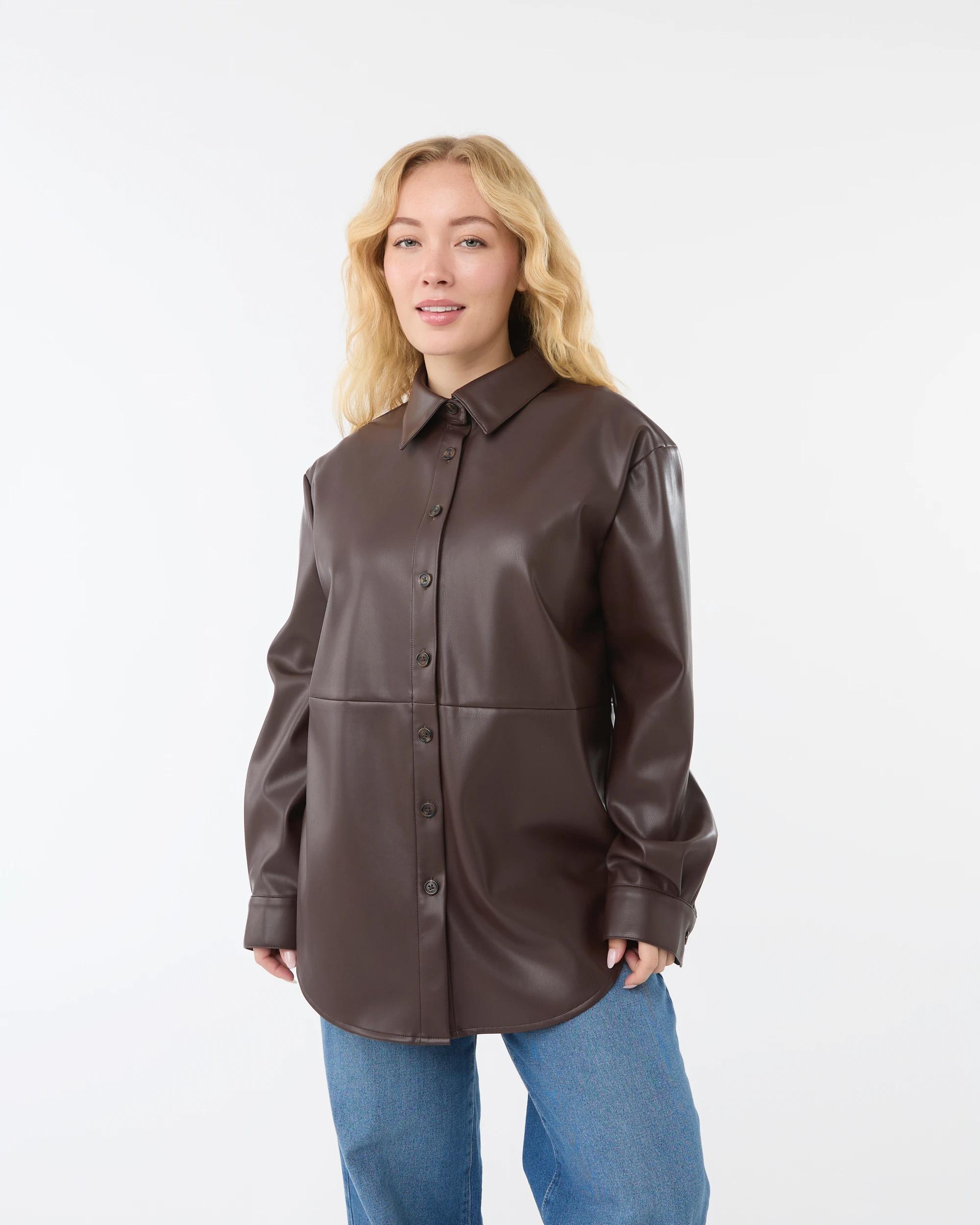 2 Long Sleeve Faux Leather Shirt Choc Plum, 2 of 8