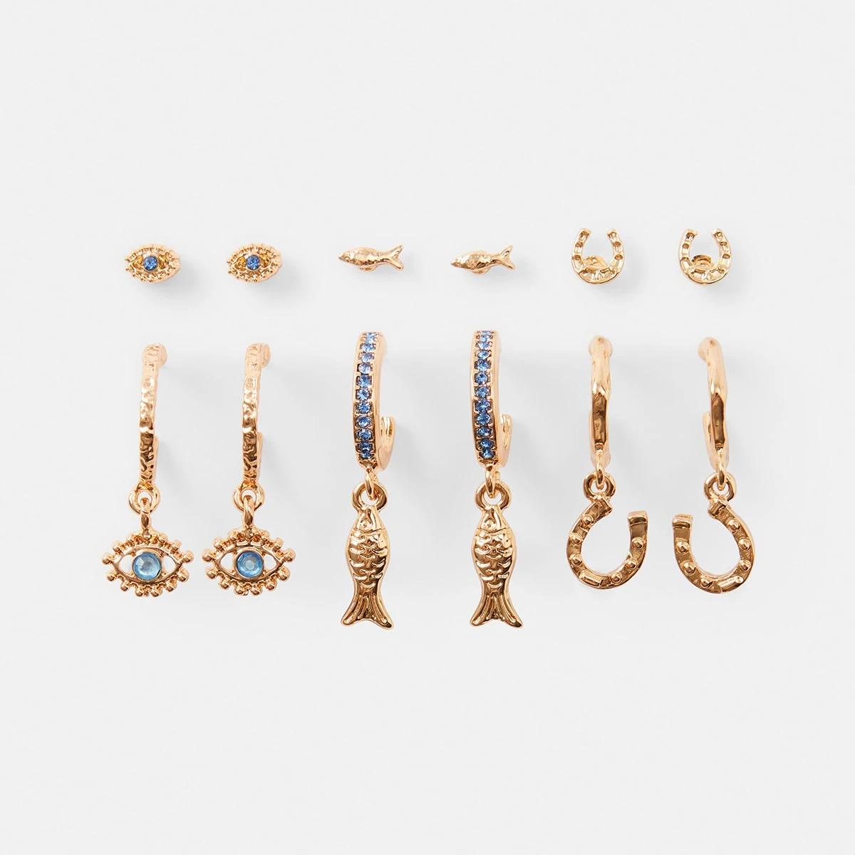 1 6 Pack Lucky Fish Earrings - Blue and Gold Tone Gold, 1 of 5