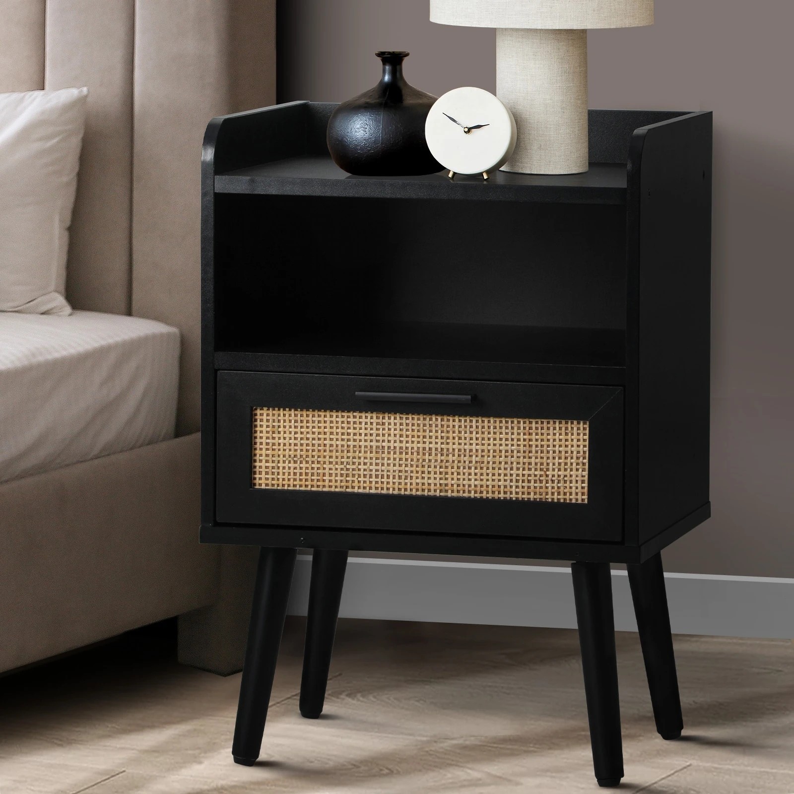 2 Oikiture Bedside Table Drawer Side End Table Nightstand Rattan
 - Black, 2 of 10
