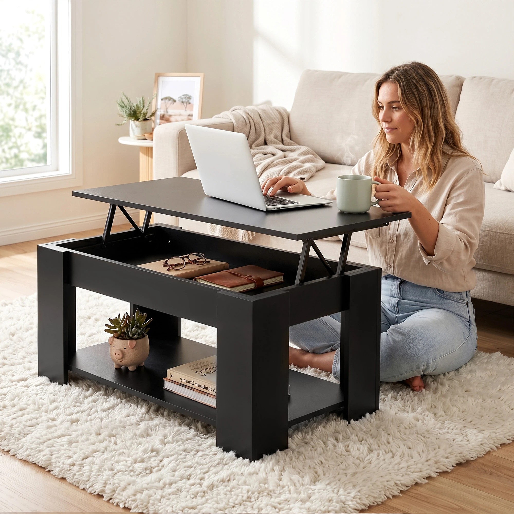 6 Artiss Floating TV Unit & Lift Up Coffee Table Set with Hidden Storage Space High Gloss Front - Black, 6 of 10