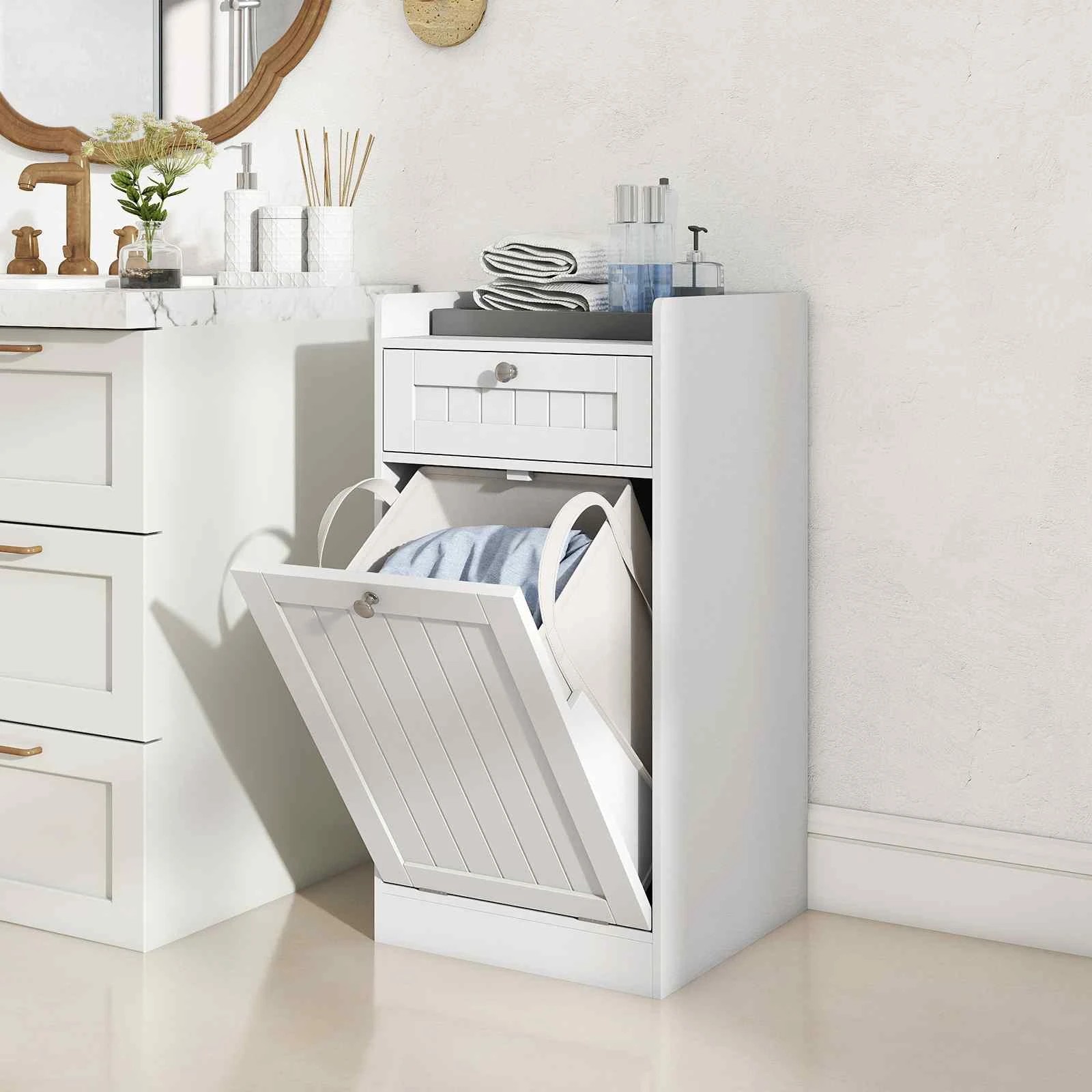 4 Costway Bathroom Storage Cabinet w/Tilt-Out Laundry Hamper Toilet Organizer, 4 of 6