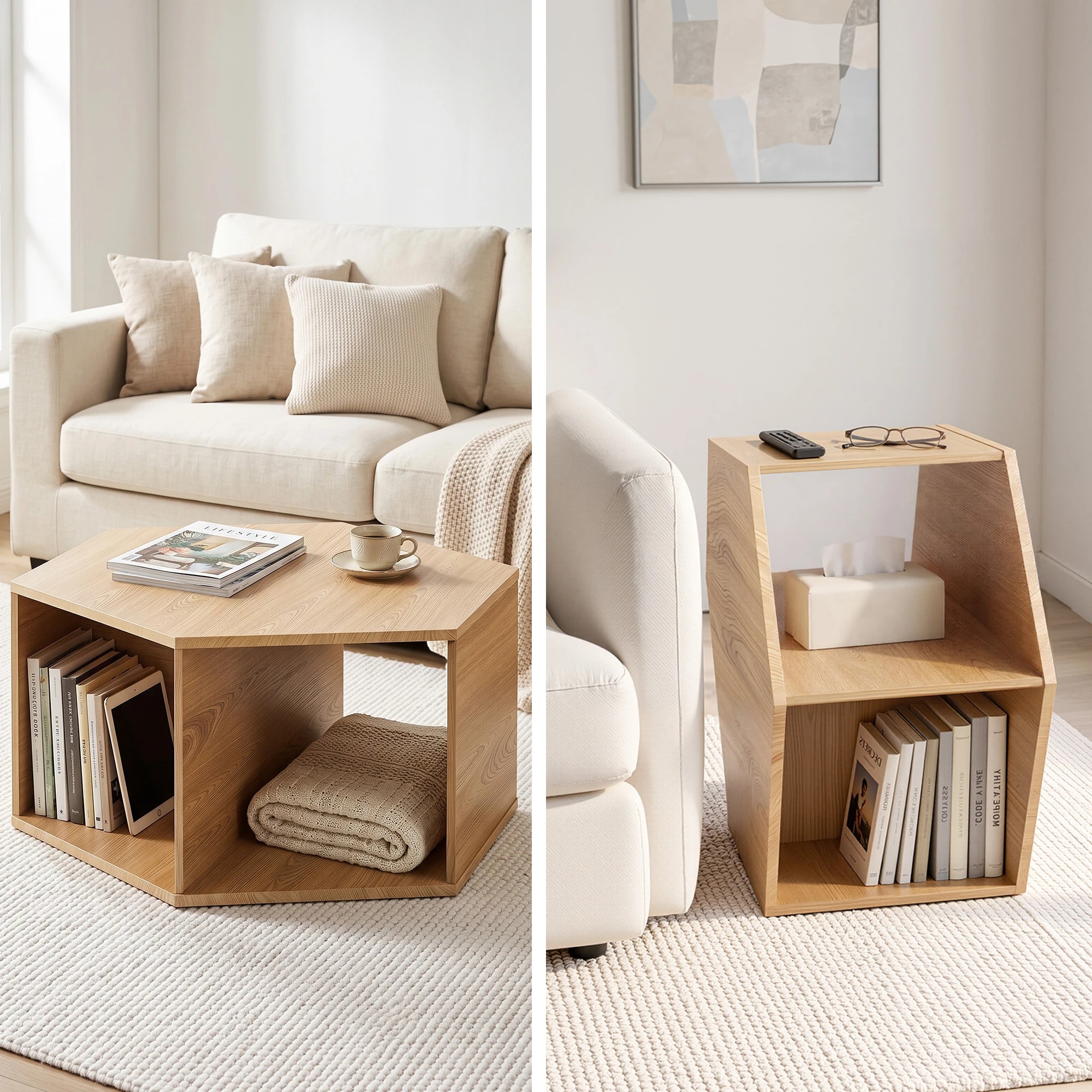6 Artiss Coffee Table Hexagonal Center Table with Open Storage 2-Way Display Side Table Wood - Natural, 6 of 7