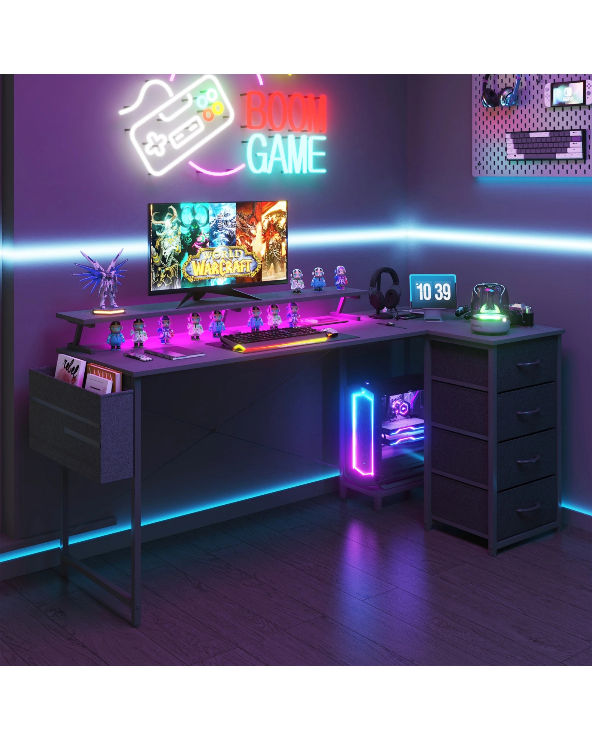 2 Advwin 160cm L Shaped Gaming Desk With Led Lights & Power Outlets Convertible Computer Desk With Monitor Stand - Black, 2 of 6