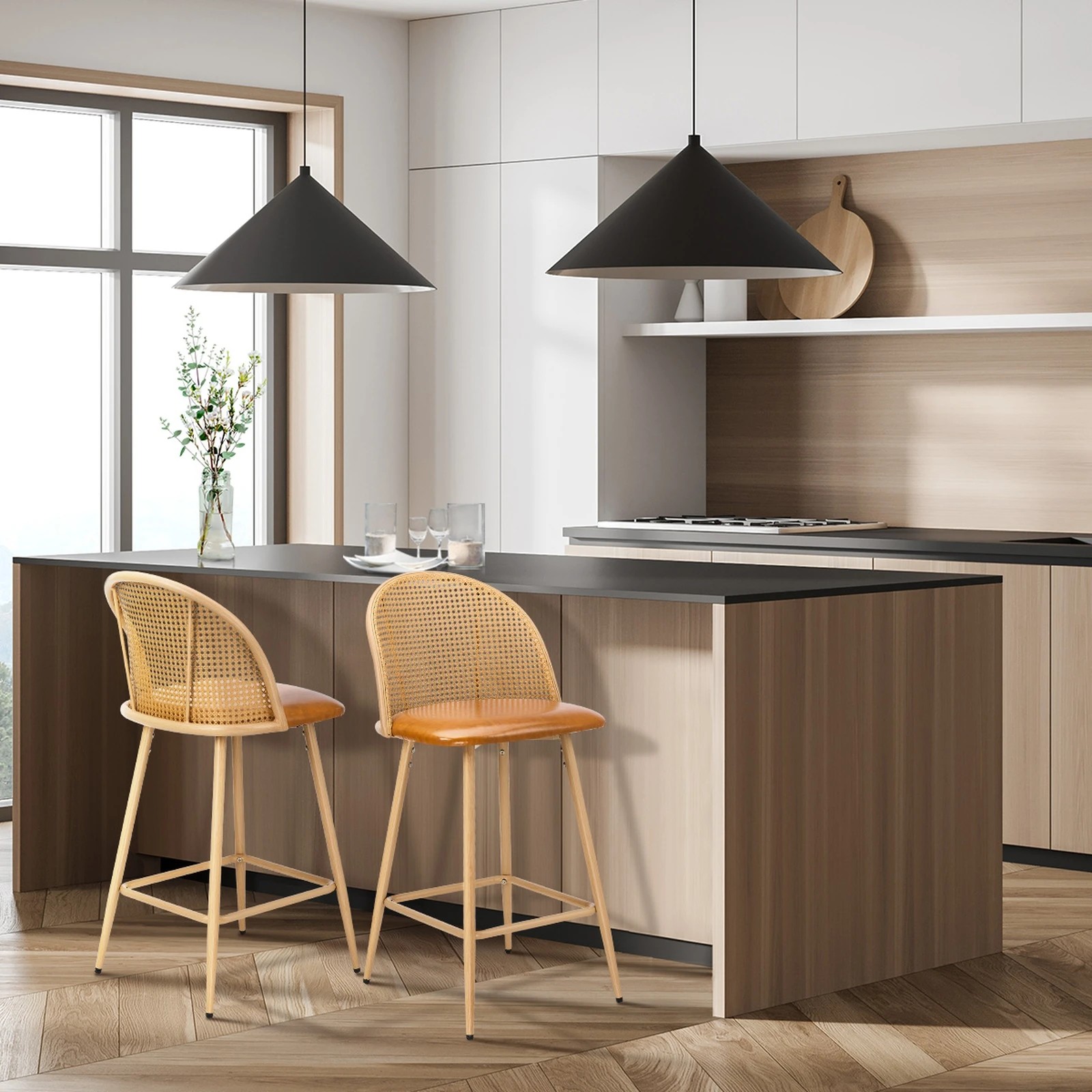 3 Oikiture Bar Stools Kitchen Counter Stool Rattan Dining Chair Pu Brown X2
 - Brown, 3 of 10