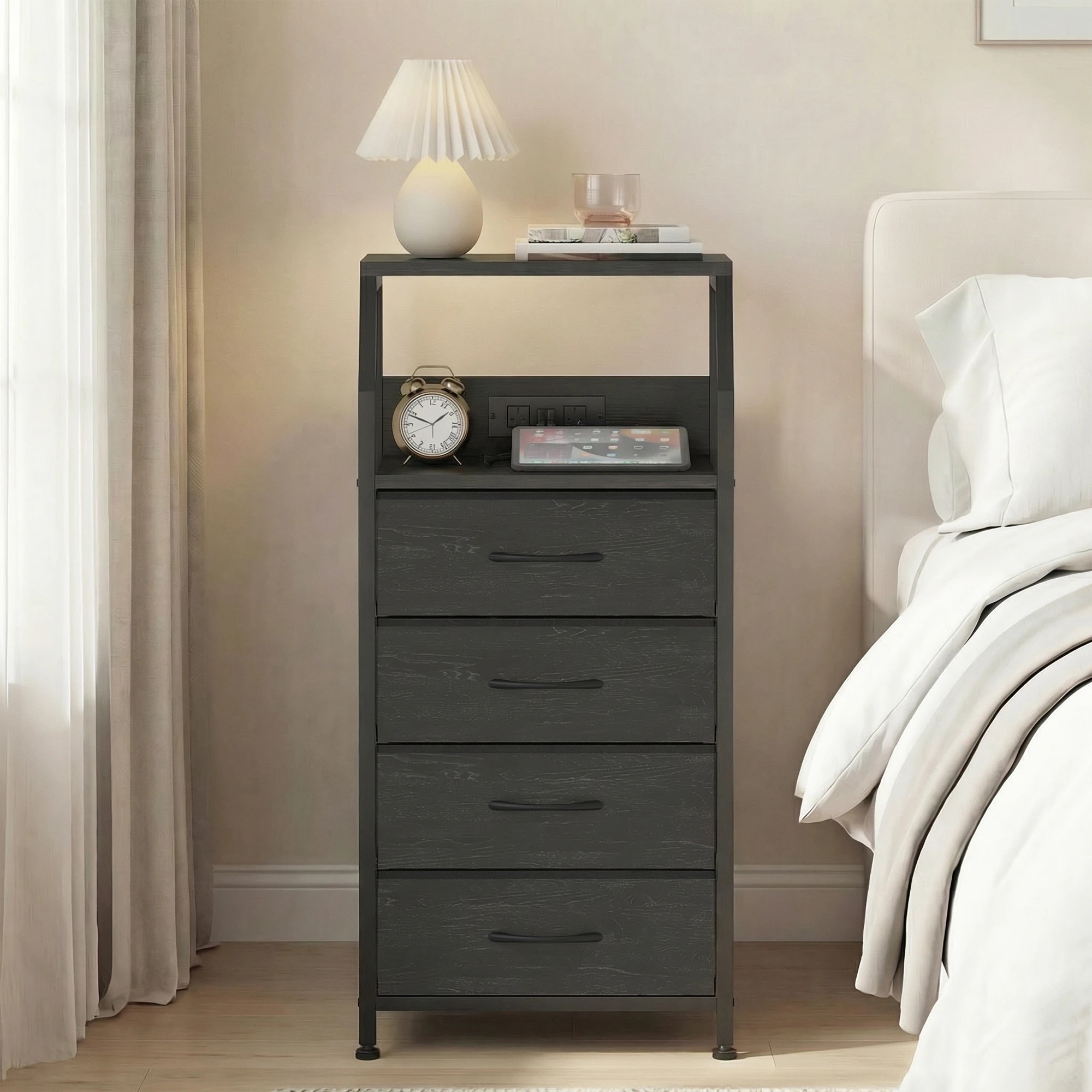 8 Advwin Bedside Table with Charging Station 4 Fabric Drawers Nightstand - Black, 8 of 9