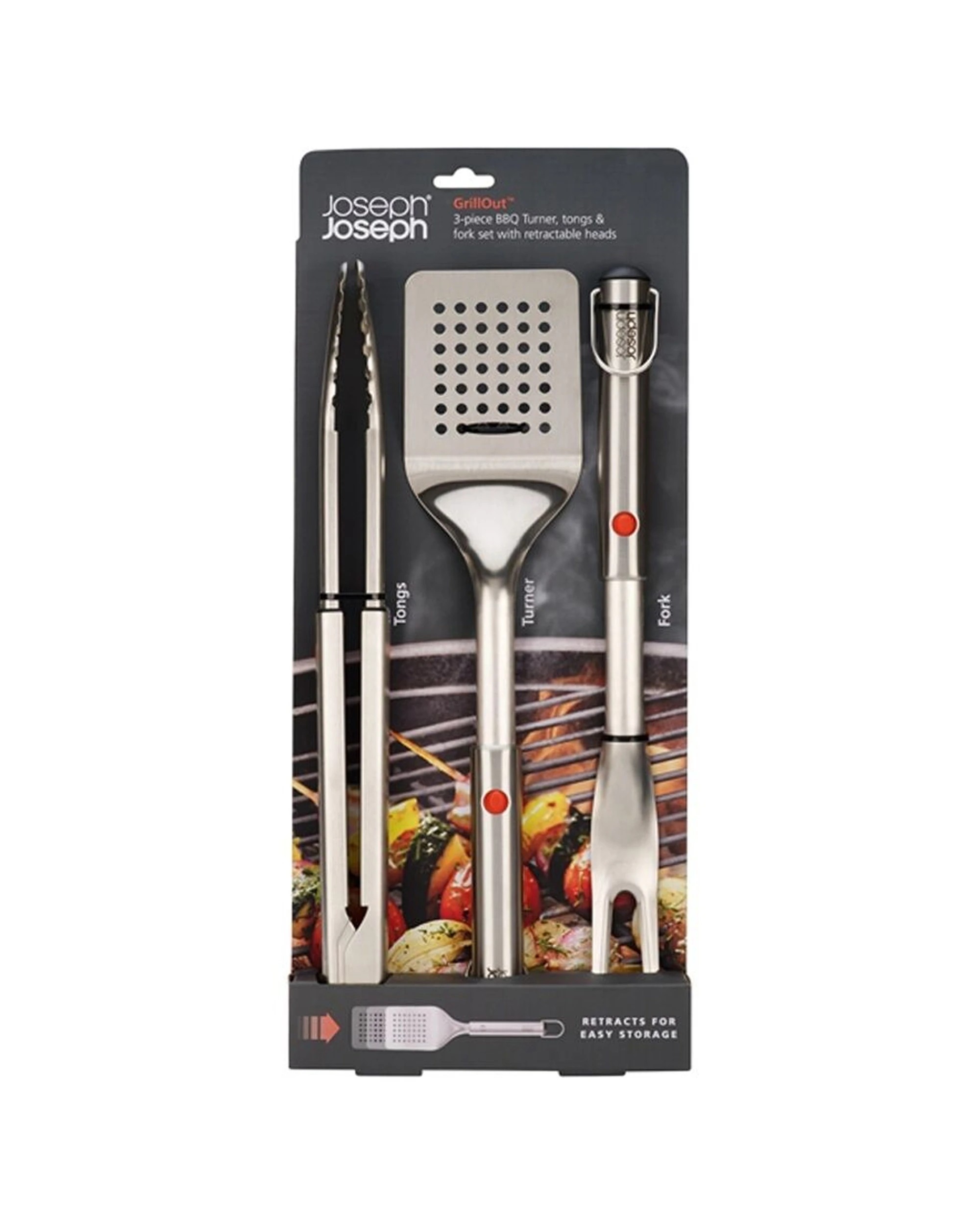 1 Joseph Joseph GrillOut 3pc BBQ Set Fork Turner And Tongs Stainless Steel - Silver, 1 of 8
