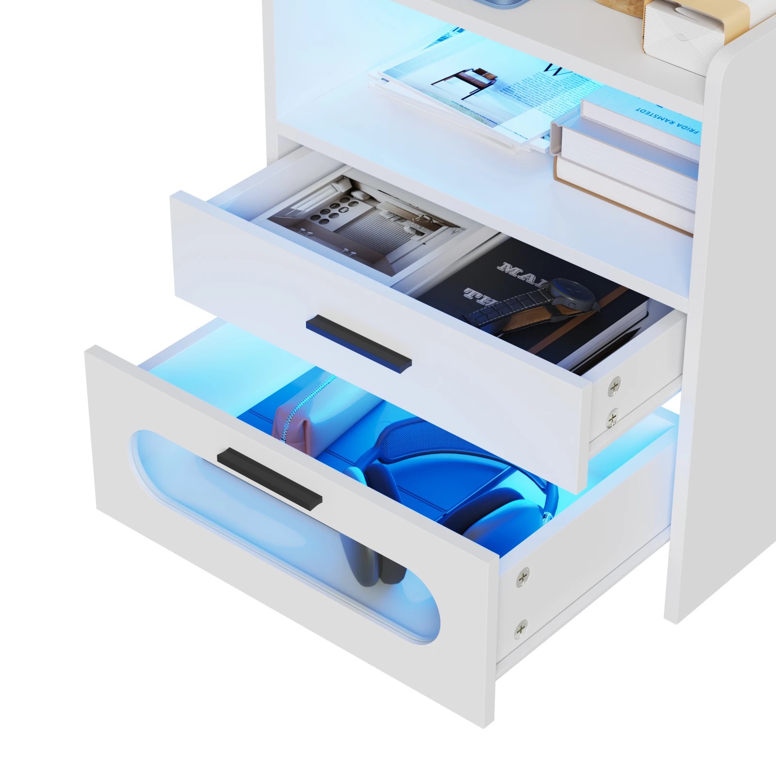 7 Advwin Set of 2 Bedside Table Wireless Charging Station Led Lights 2 Drawers - White, 7 of 7