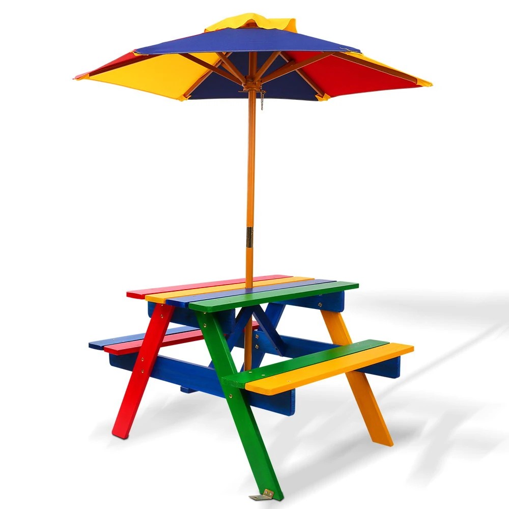 1 Keezi Kids Outdoor Table and Chairs Picnic Bench Set Umbrella Colourful - Multi, 1 of 8