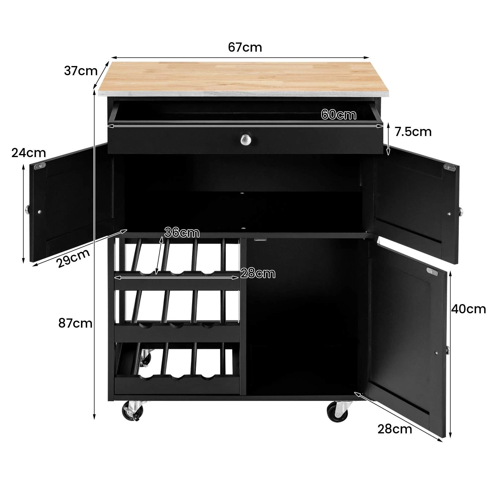 2 Costway 3 Doors Wooden Kitchen Trolley Rolling Workbench Cart - Black, 2 of 3