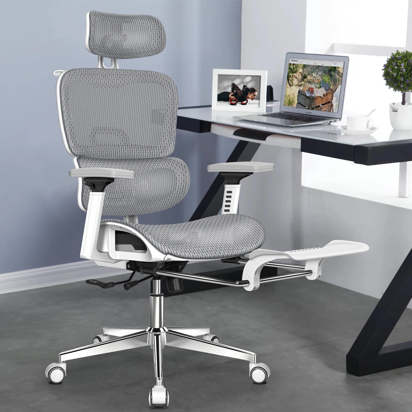4 Alfordson Ergonomic Office Chair Mesh Executive Racing Computer Seat - White Grey, 4 of 10