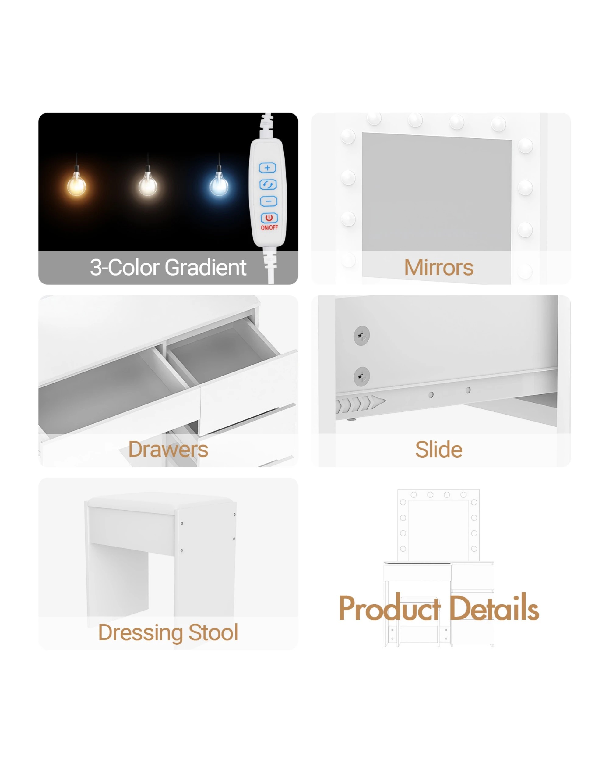 6 Advwin Dressing Table Stool Set With 12 Led Adjustable Bulbs 3 Drawers
 - White, 6 of 9