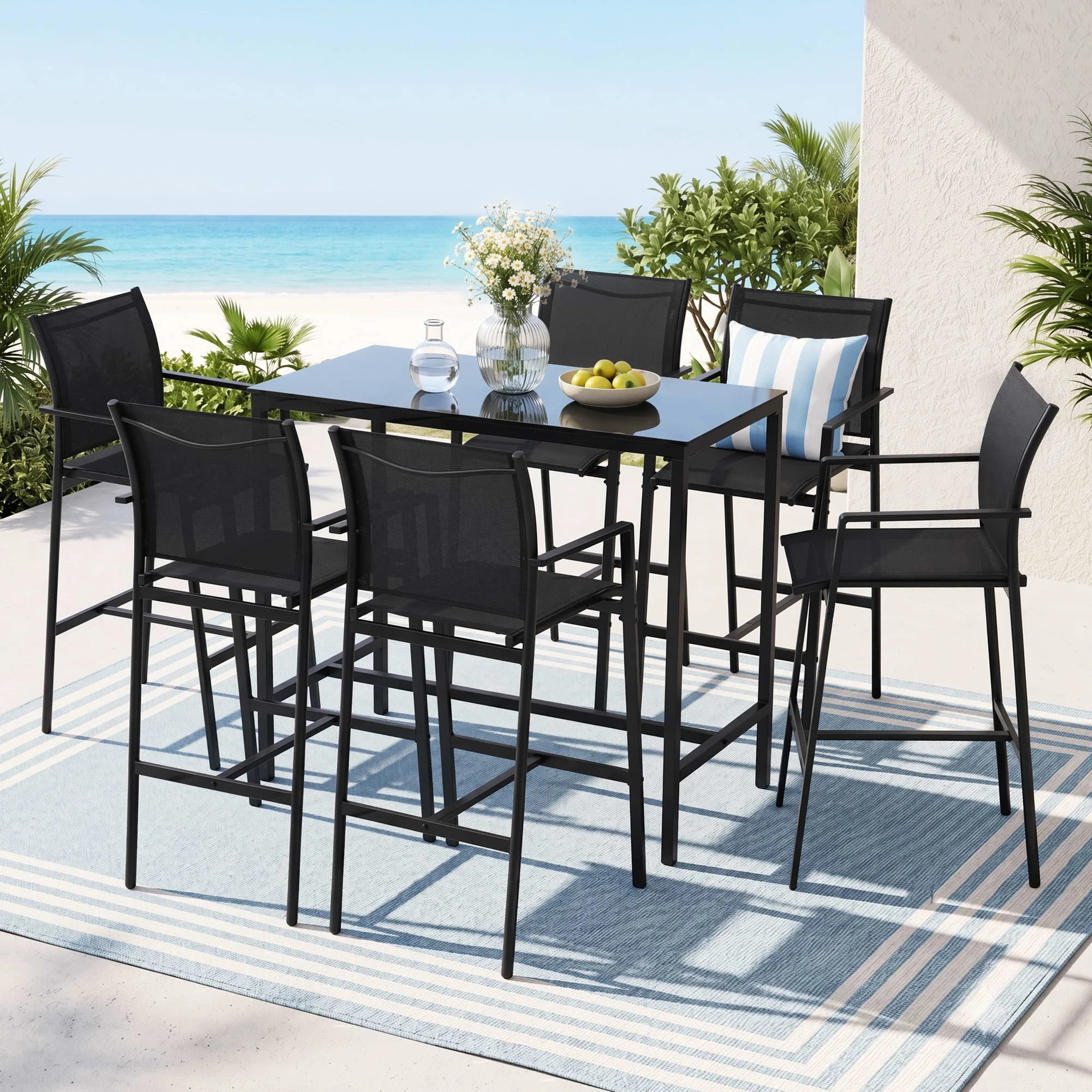 2 Gardeon 7PCS Outdoor Bar Set Stools Dining Chairs Table Patio Steel Bistro Set - Black, 2 of 7
