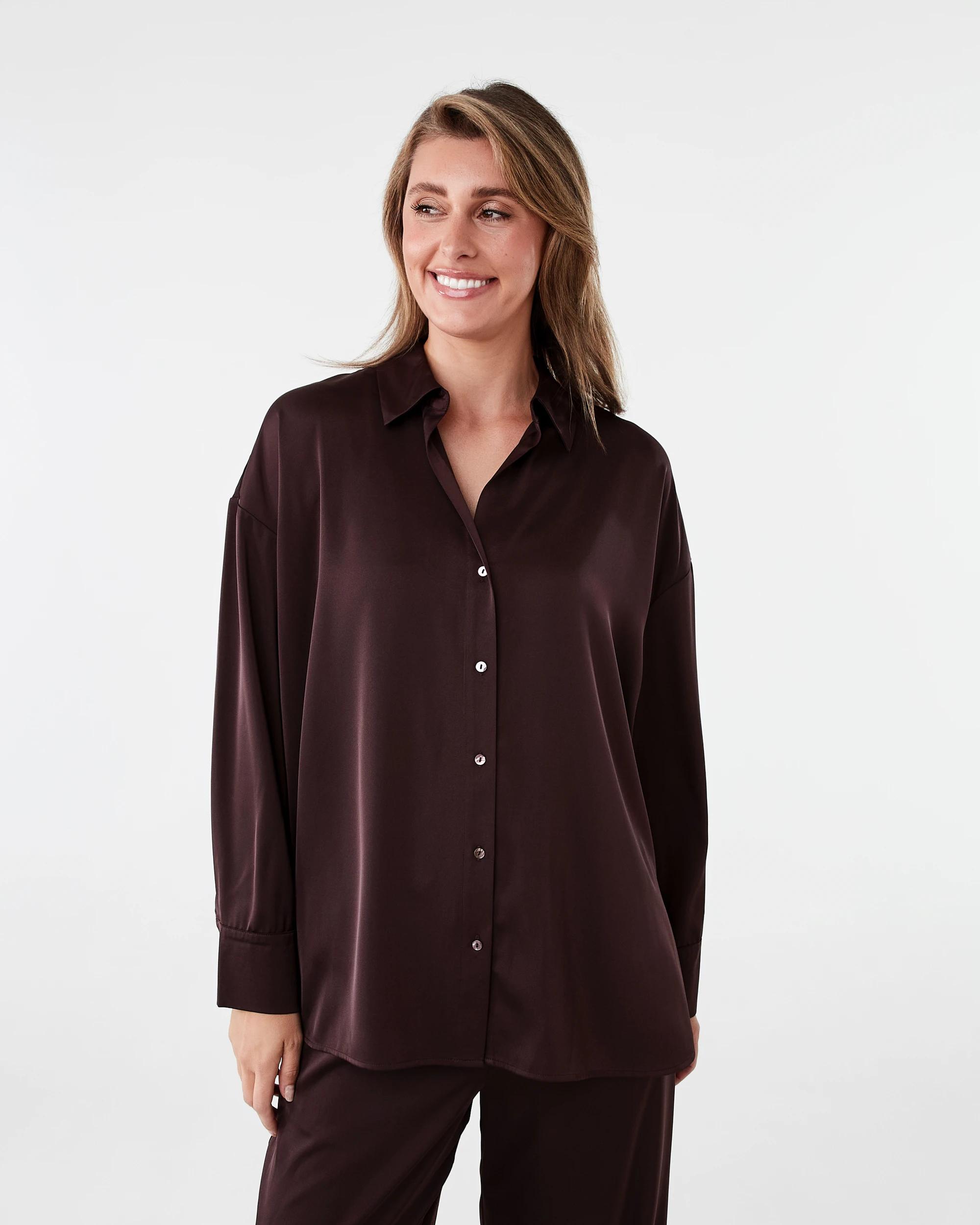 3 Long Sleeve Oversized Satin Shirt Choc Plum, 3 of 10