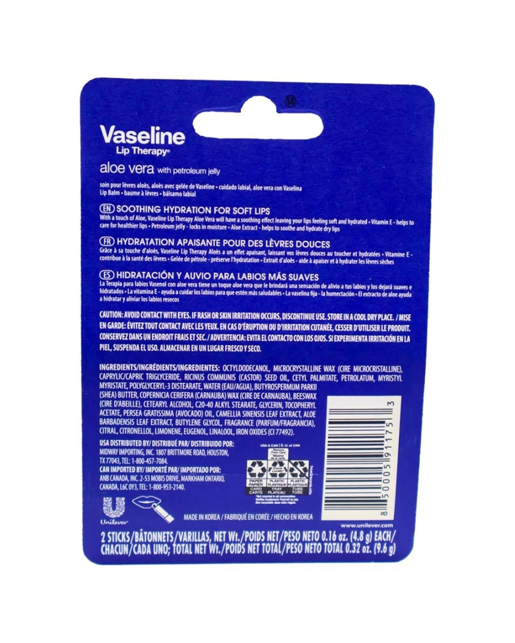 3 Vaseline 4x 2pc Lip Therapy Aloe Vera 48 Hour Hydration Pack 4.8g - Green, 3 of 3