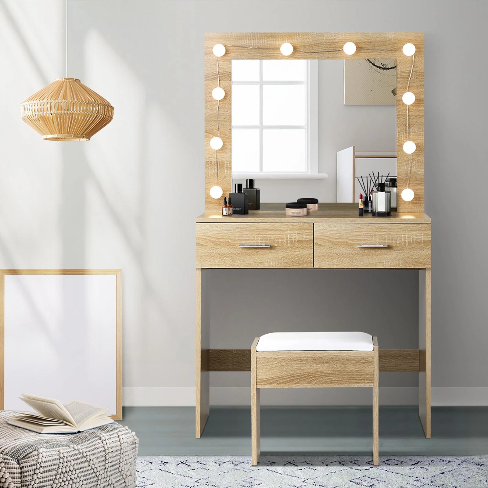 3 Oikiture Dressing Table Stool Set Makeup Mirror Storage Desk 10 Led Bulbs Wooden
 - Natural, 3 of 9