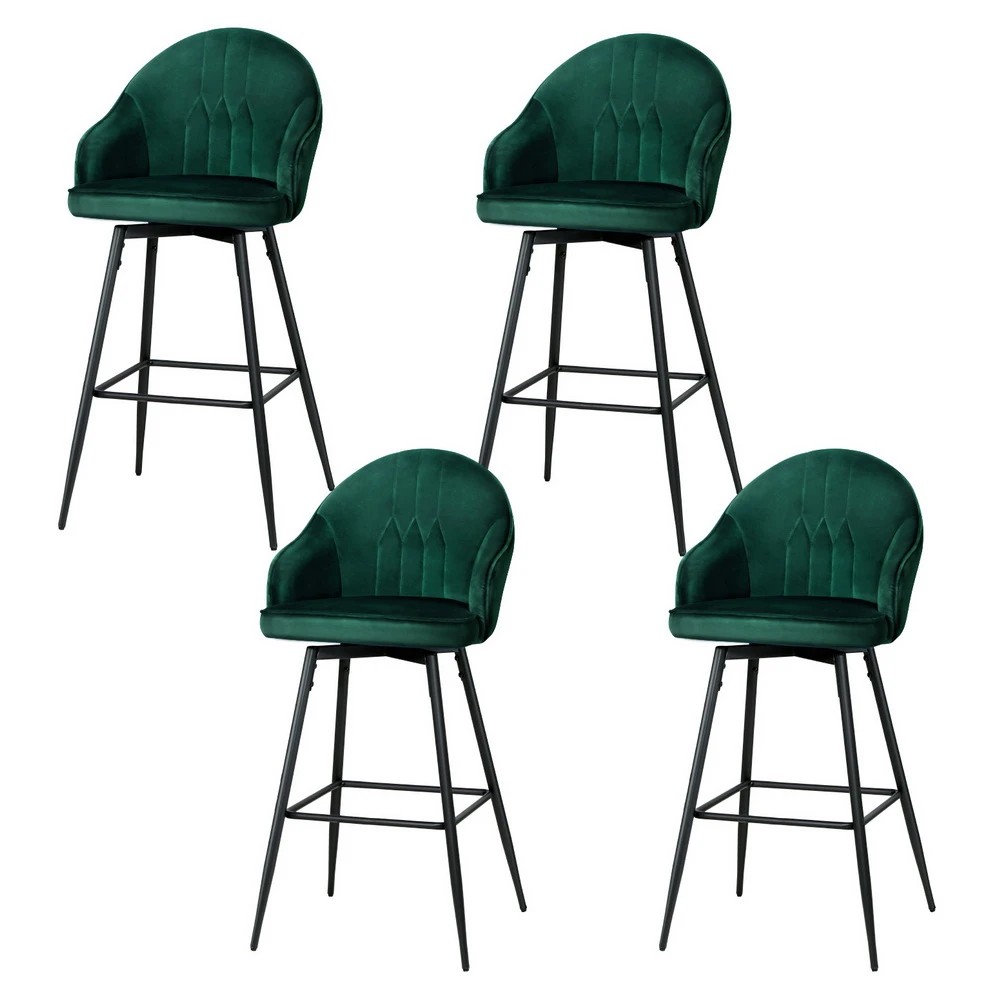 1 Artiss 4x Bar Stools Velvet Swivel Metal Legs - Green, 1 of 4
