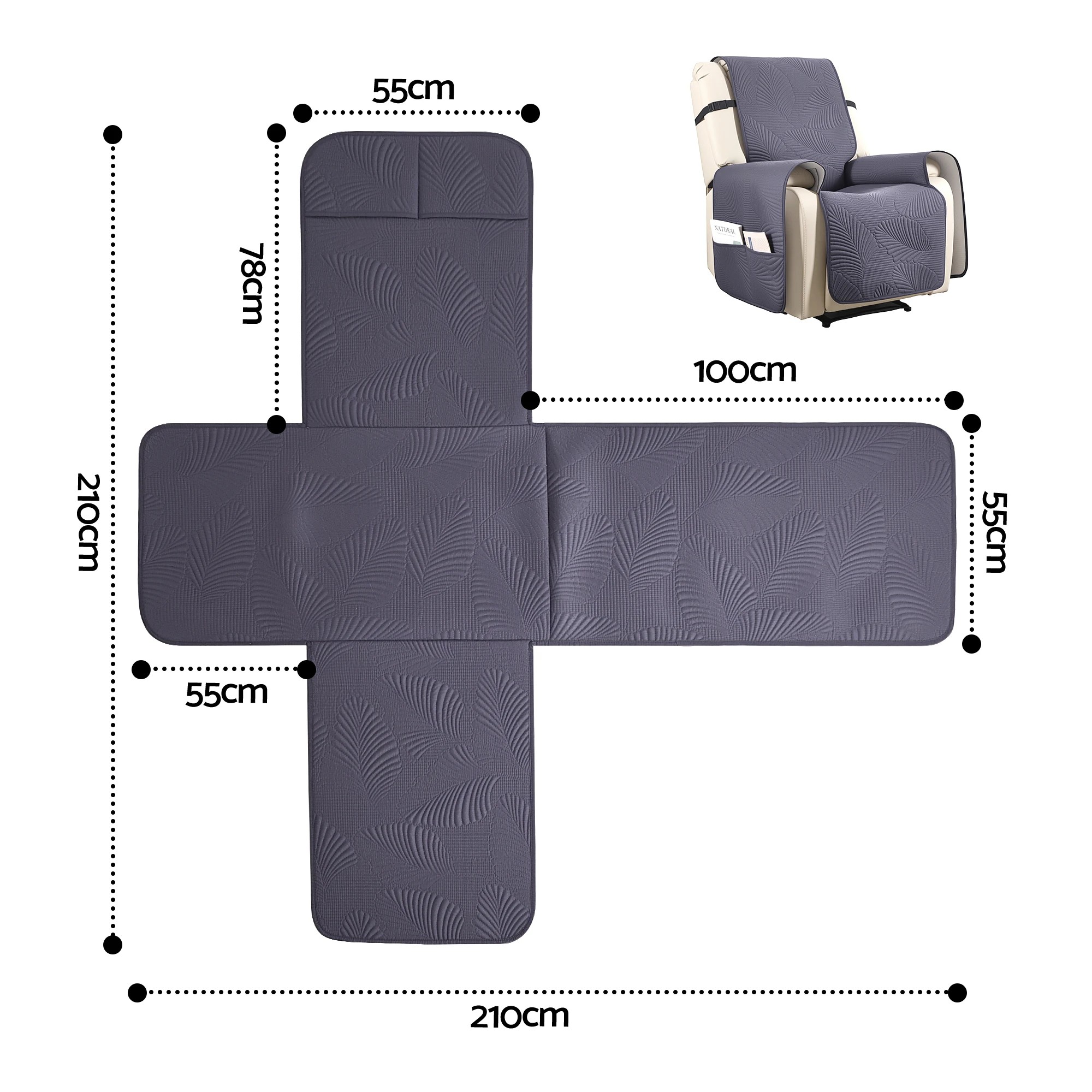 2 Artiss Quilted Recliner Chair Covers 100% Waterproof Recliner Slipcovers - Grey, 2 of 4
